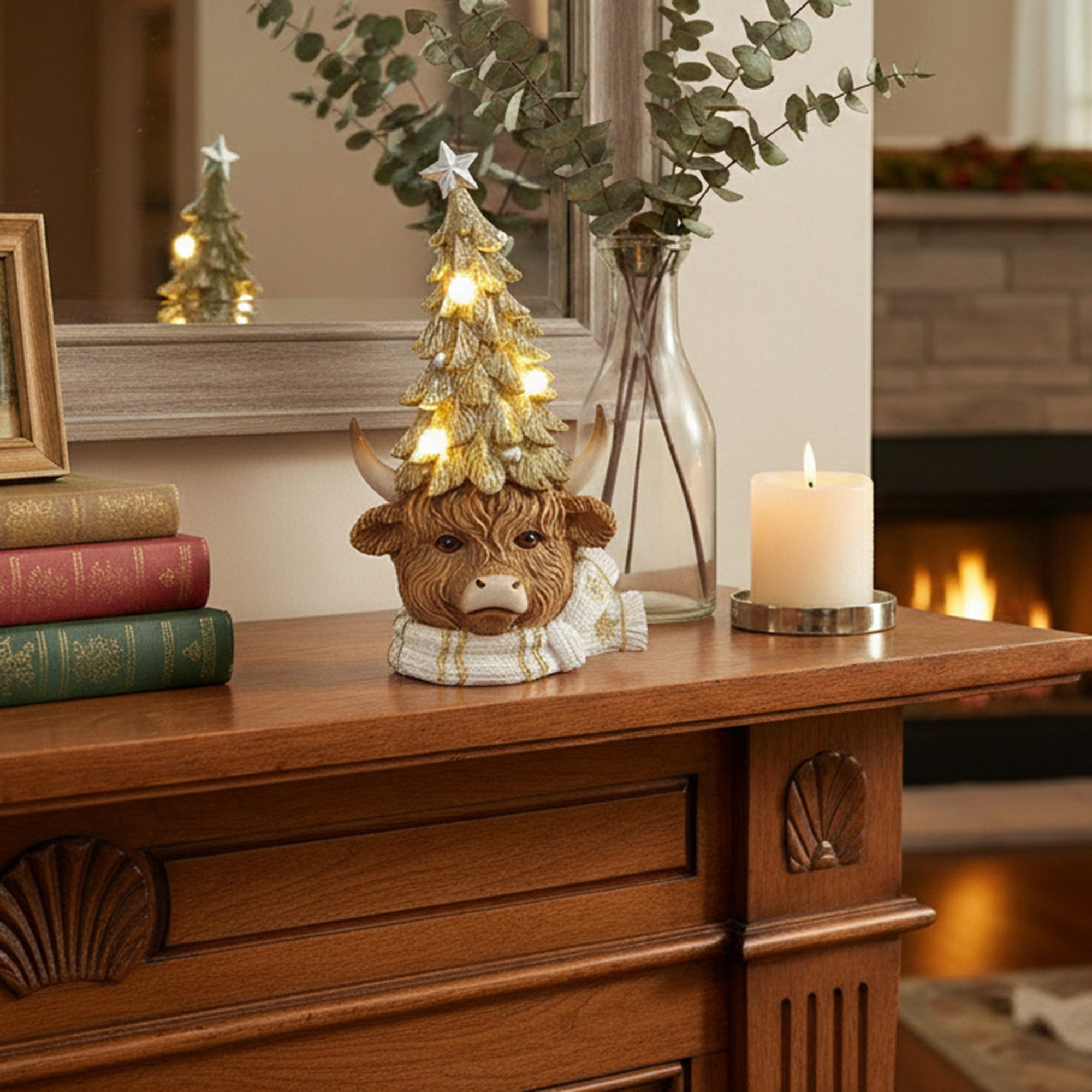 LED Polyresin Highland Cow with Christmas Tree Hat, Christmas, Holiday Decor