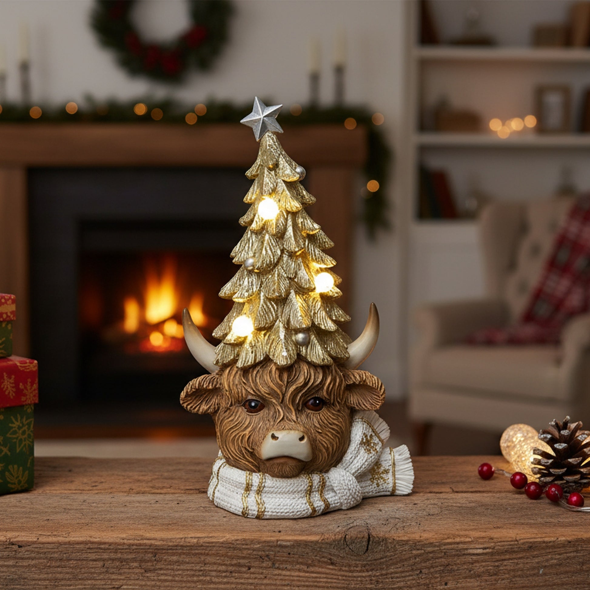 LED Polyresin Highland Cow with Christmas Tree Hat, Christmas, Holiday Decor