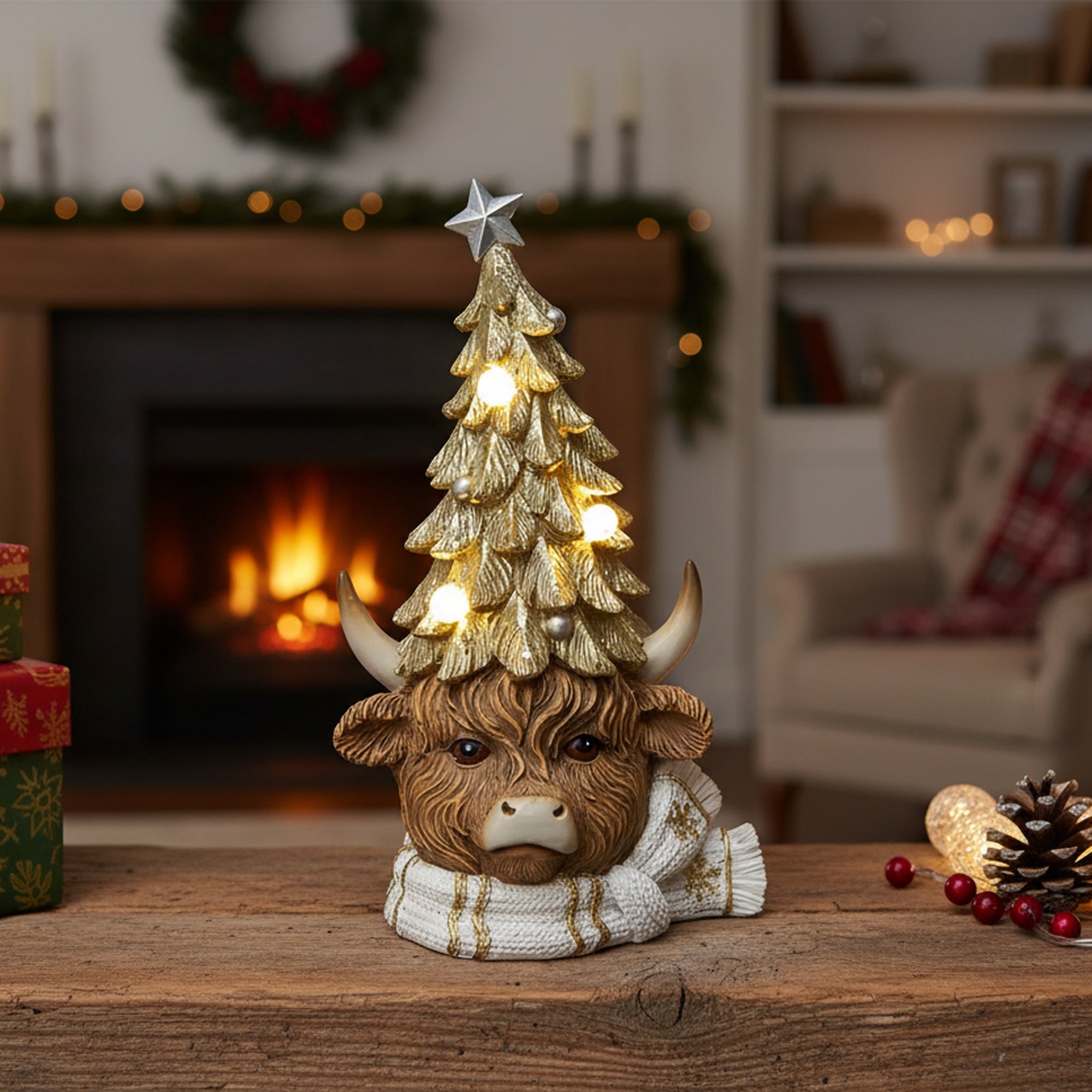 LED Polyresin Highland Cow with Christmas Tree Hat, Christmas, Holiday Decor