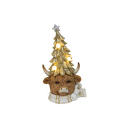 LED Polyresin Highland Cow with Christmas Tree Hat, Christmas, Holiday Decor