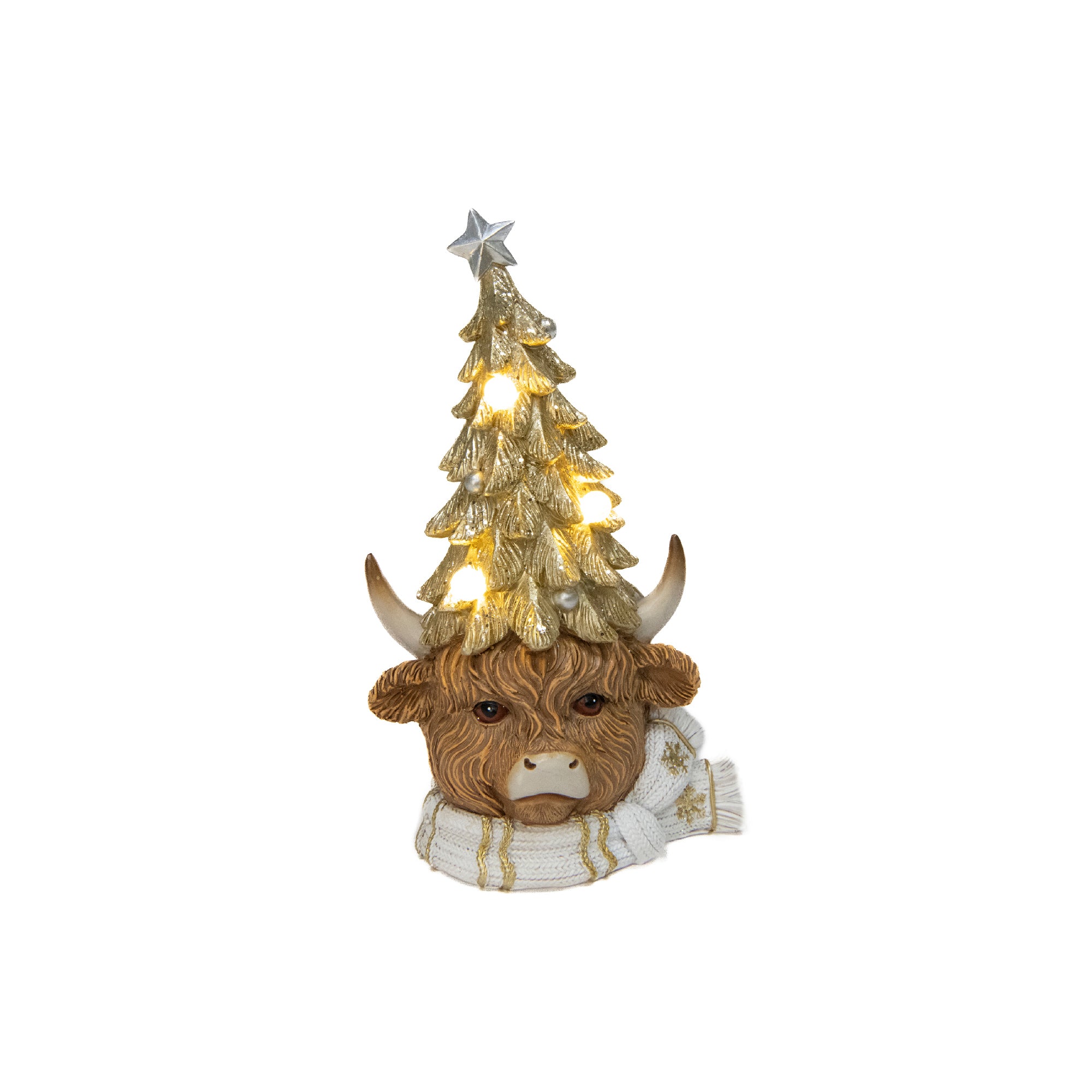 LED Polyresin Highland Cow with Christmas Tree Hat, Christmas, Holiday Decor