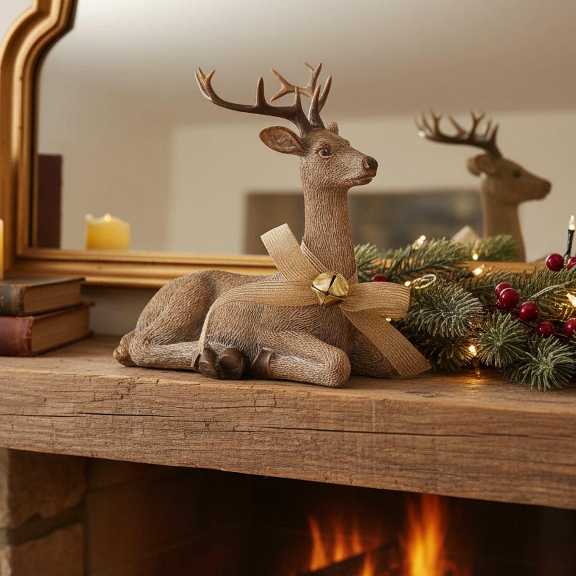 Polyresin Resting Deer with Jingle Bell Figurine, Christmas, Jingle Bells, Holiday Decor
