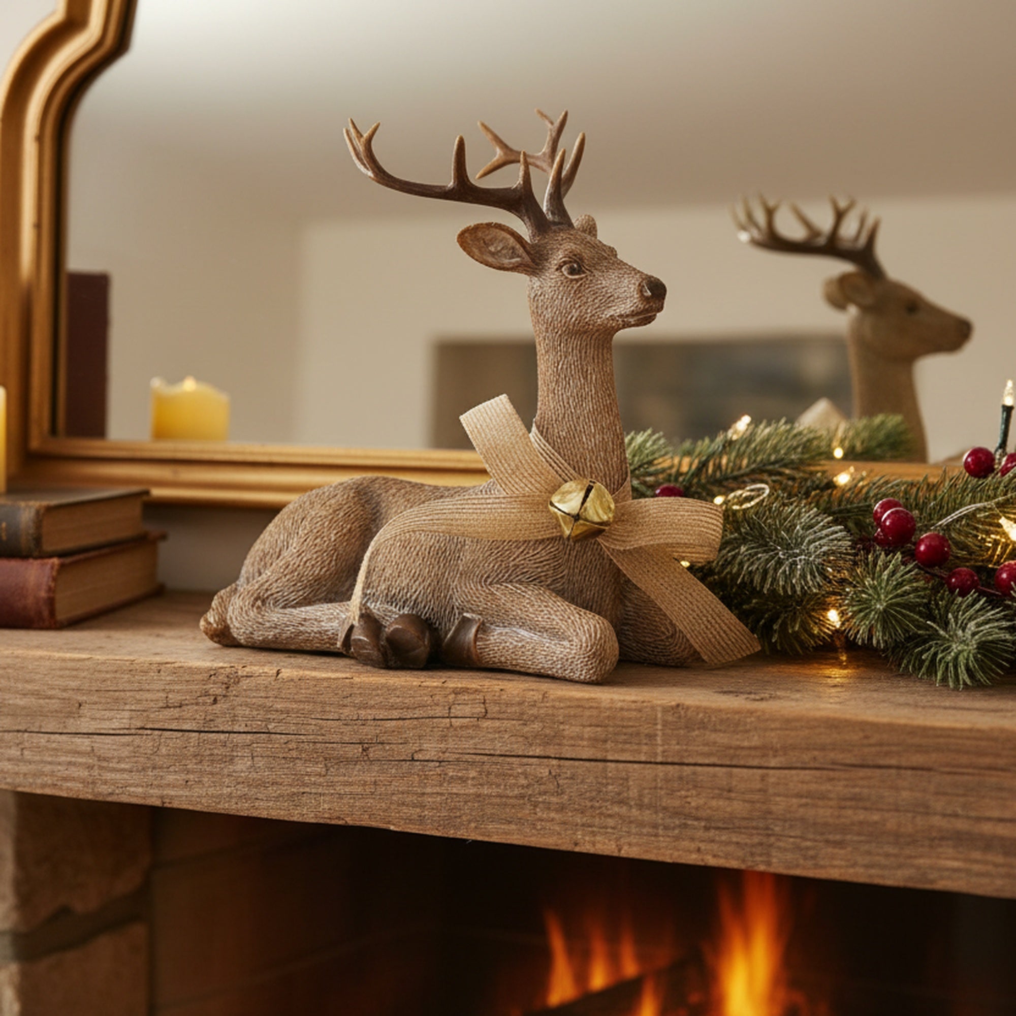Polyresin Resting Deer with Jingle Bell Figurine, Christmas, Jingle Bells, Holiday Decor