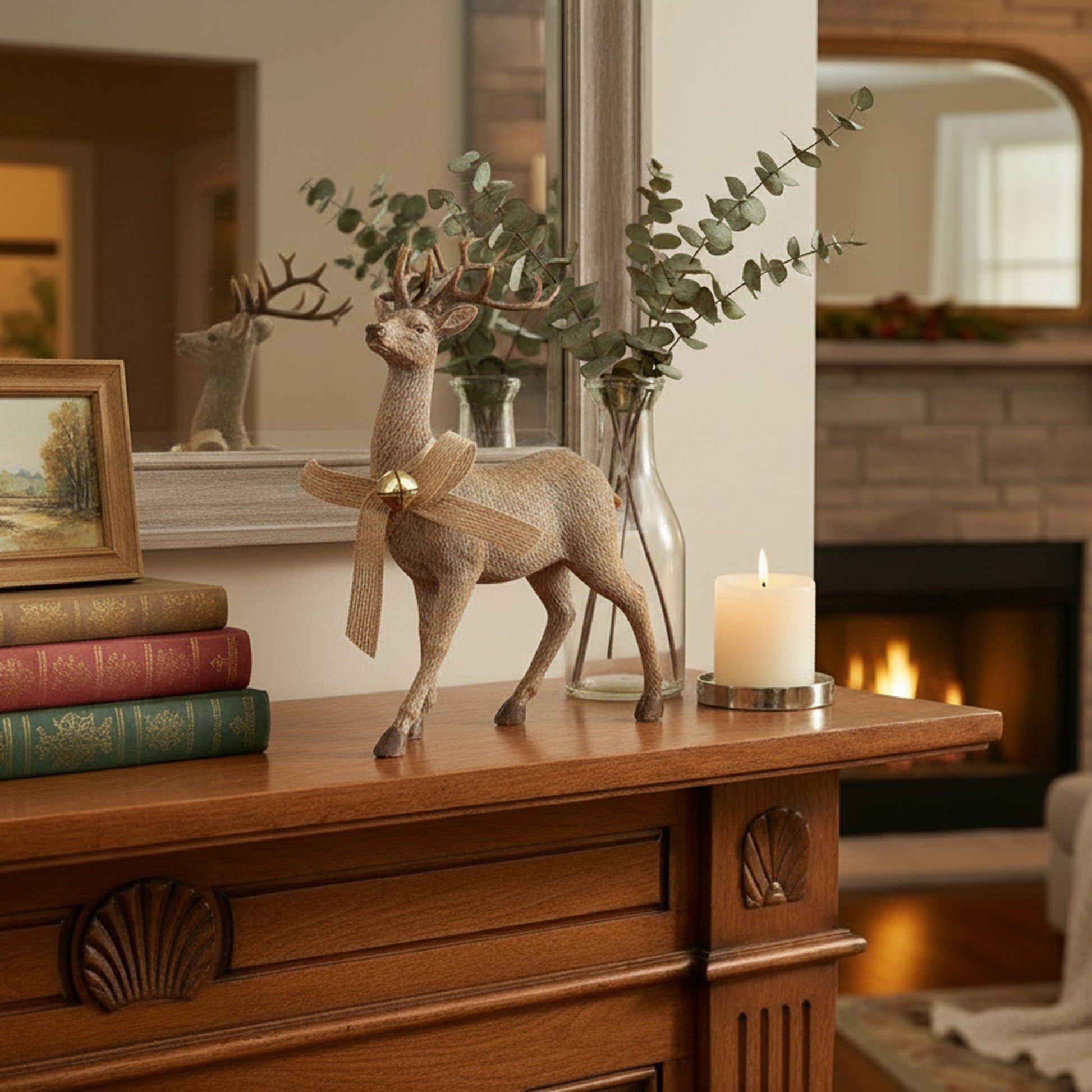 Polyresin Standing Deer with Jingle Bell Figurine, Christmas, Jingle Bells, Holiday Decor