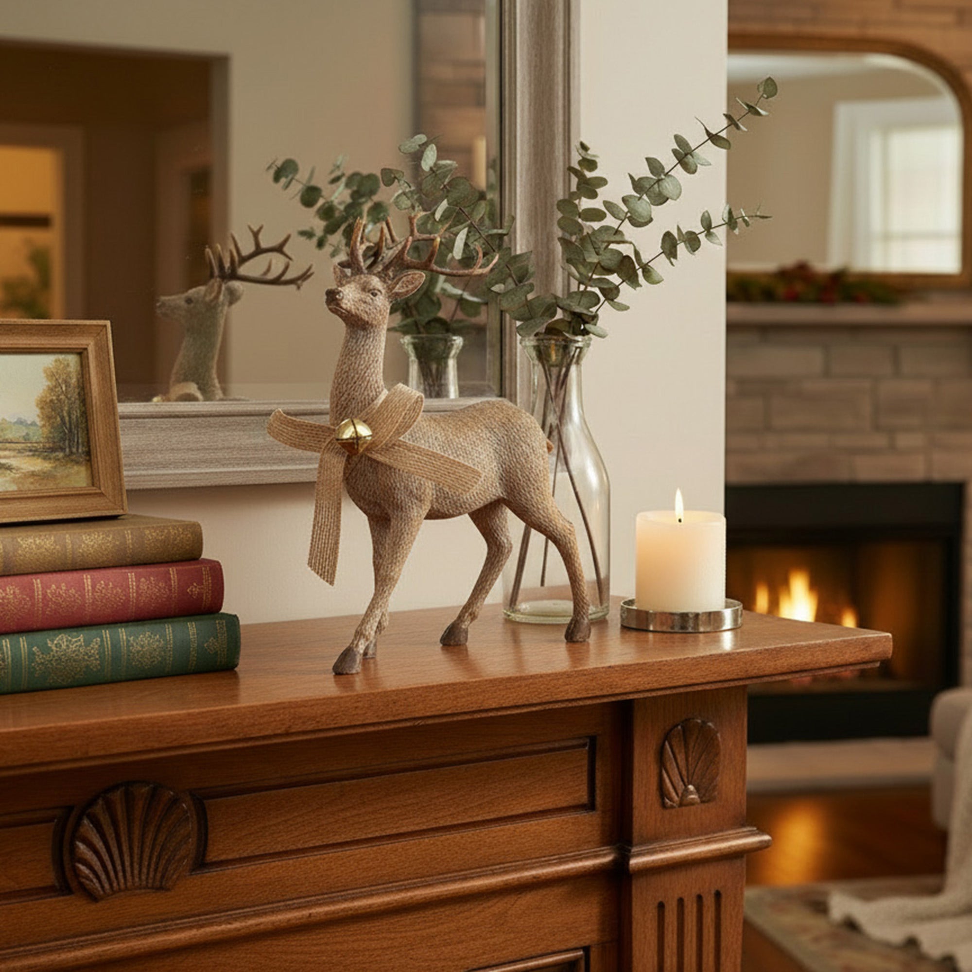 Polyresin Standing Deer with Jingle Bell Figurine, Christmas, Jingle Bells, Holiday Decor