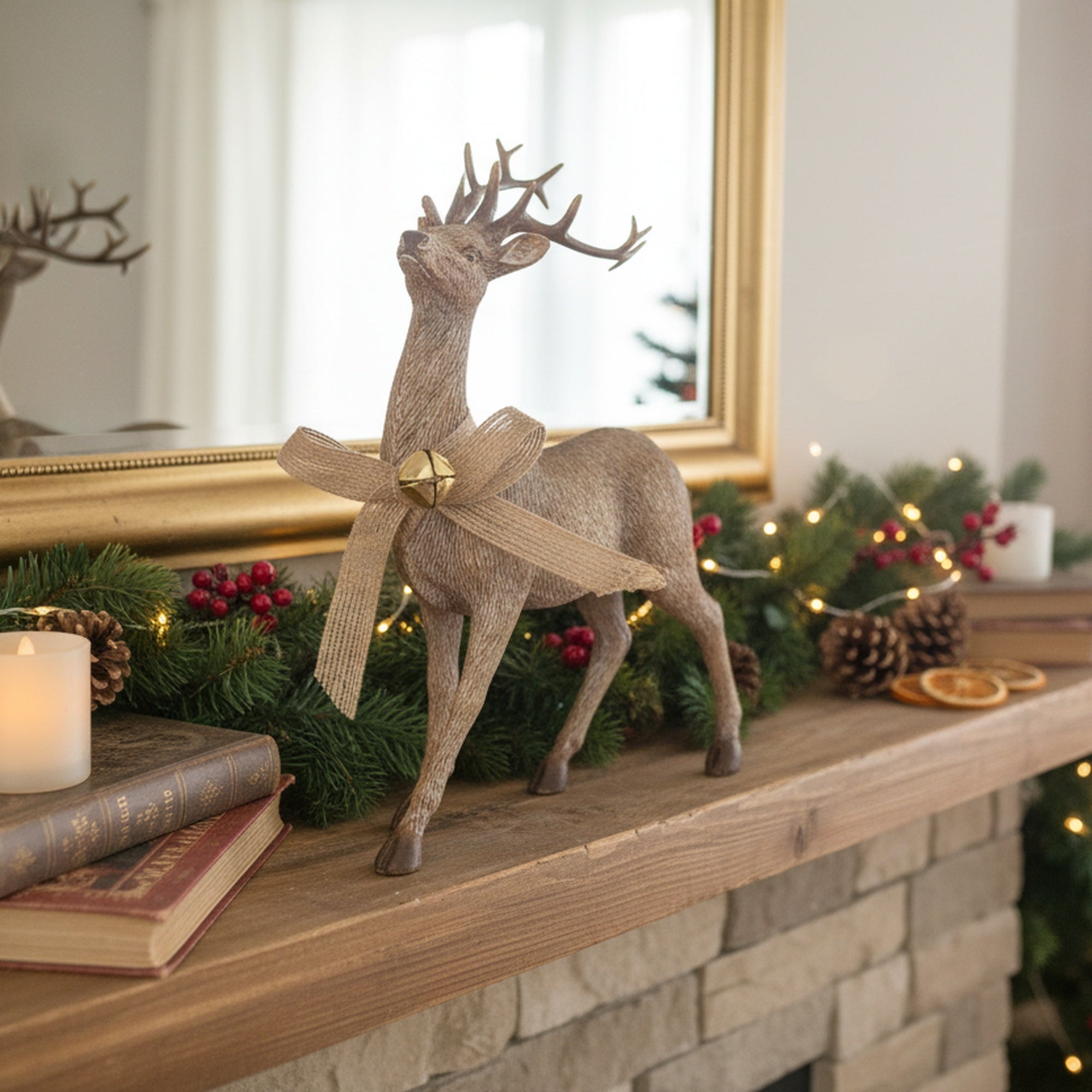 Polyresin Standing Deer with Jingle Bell Figurine, Christmas, Jingle Bells, Holiday Decor