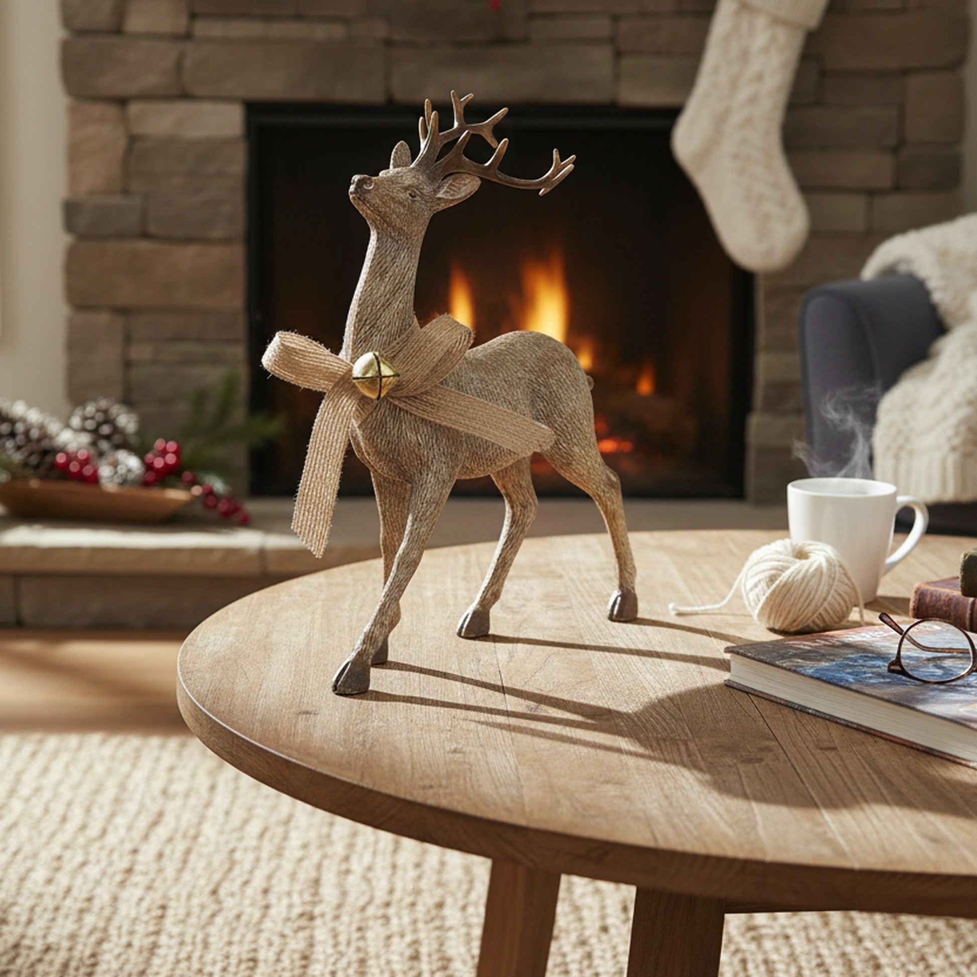 Polyresin Standing Deer with Jingle Bell Figurine, Christmas, Jingle Bells, Holiday Decor