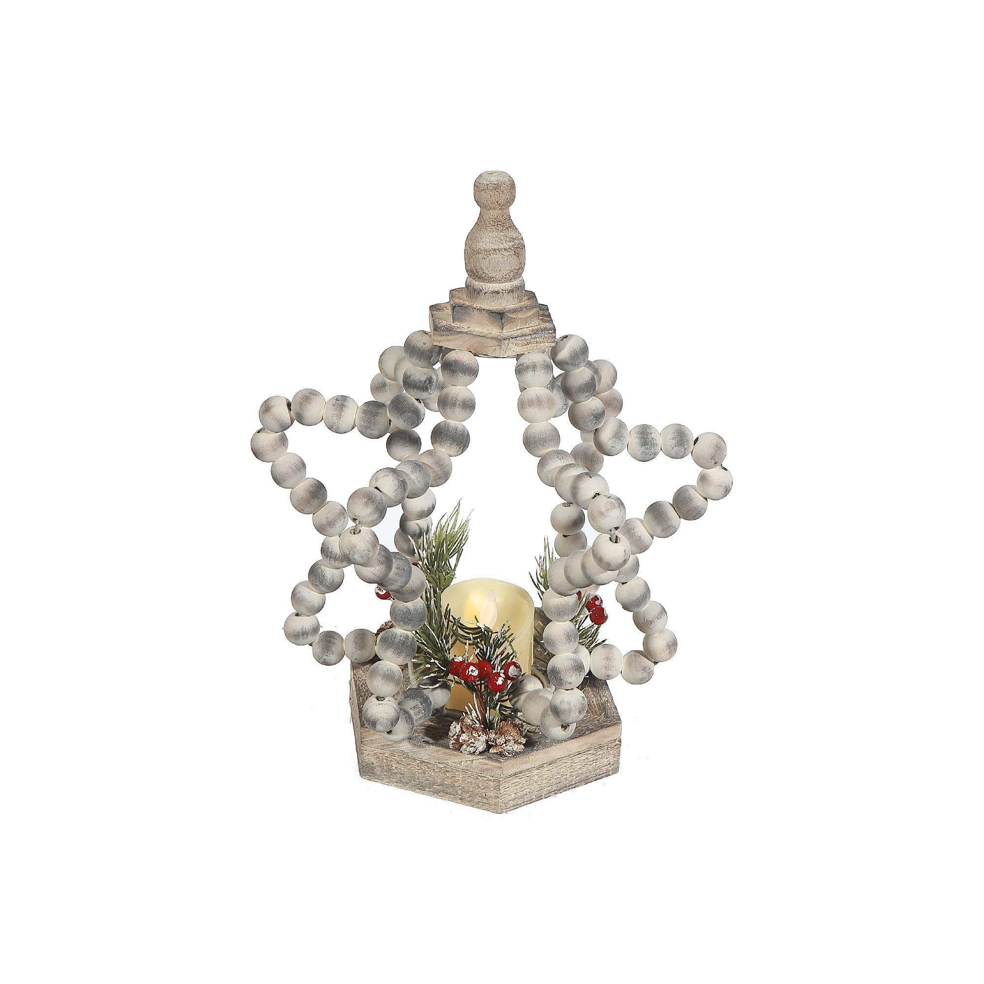 LED Wood Beaded Star Open Lantern – Christmas Tabletop Decoration, Holiday Home Accent, Festive Winter Decor