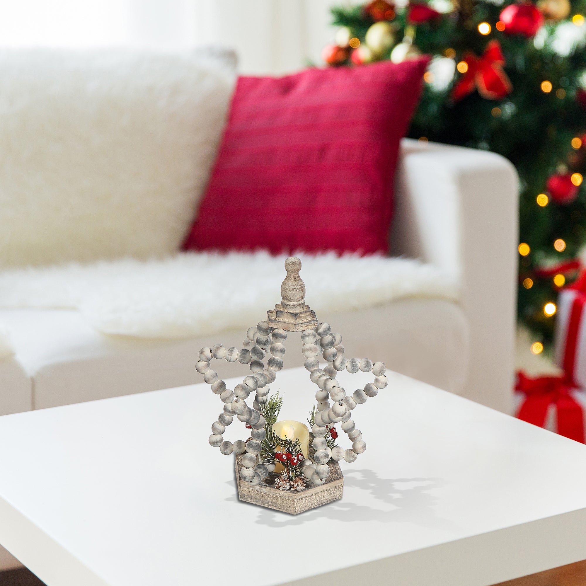 LED Wood Beaded Star Open Lantern – Christmas Tabletop Decoration, Holiday Home Accent, Festive Winter Decor