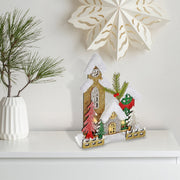 LED Snow Covered Wooden Glitter Triple House – Christmas Tabletop Decoration, Holiday Home Accent, Festive Winter Decor