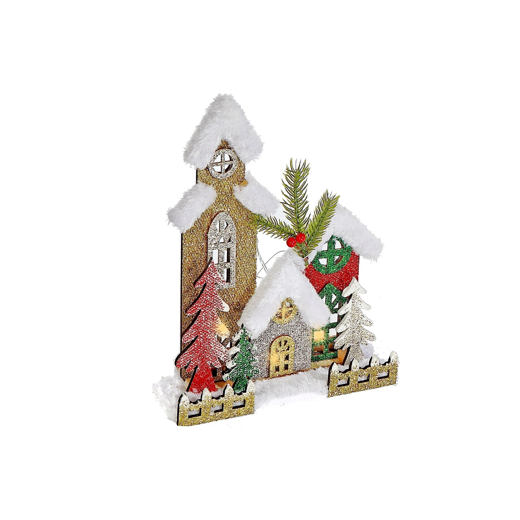 LED Snow Covered Wooden Glitter Triple House – Christmas Tabletop Decoration, Holiday Home Accent, Festive Winter Decor