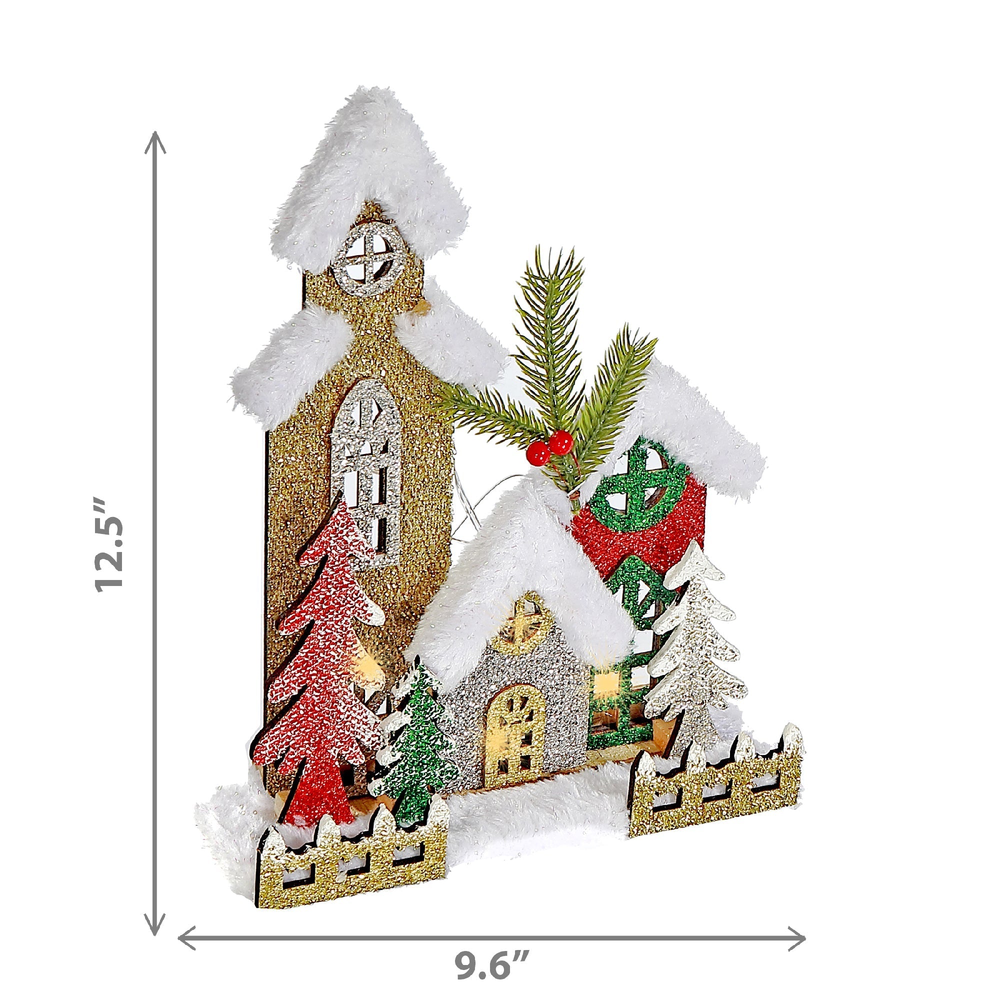 LED Snow Covered Wooden Glitter Triple House – Christmas Tabletop Decoration, Holiday Home Accent, Festive Winter Decor