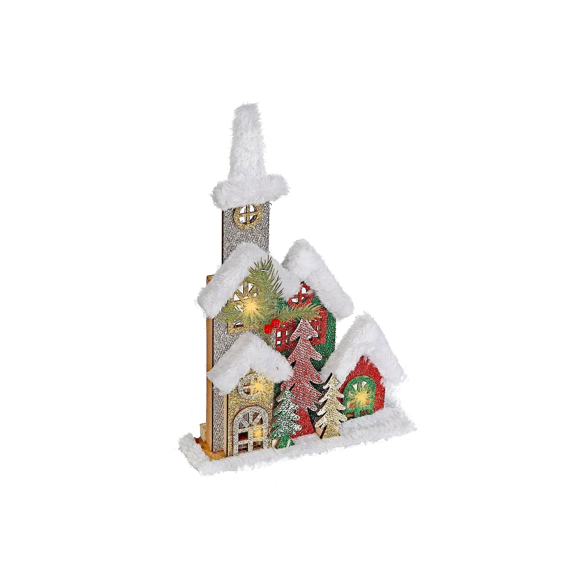LED Snow Covered Wooden Glitter Church – Christmas Tabletop Decoration, Holiday Home Accent, Festive Winter Decor