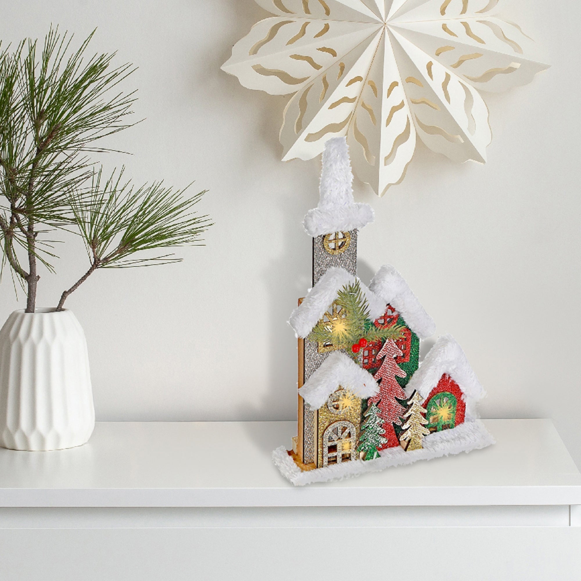 LED Snow Covered Wooden Glitter Church – Christmas Tabletop Decoration, Holiday Home Accent, Festive Winter Decor