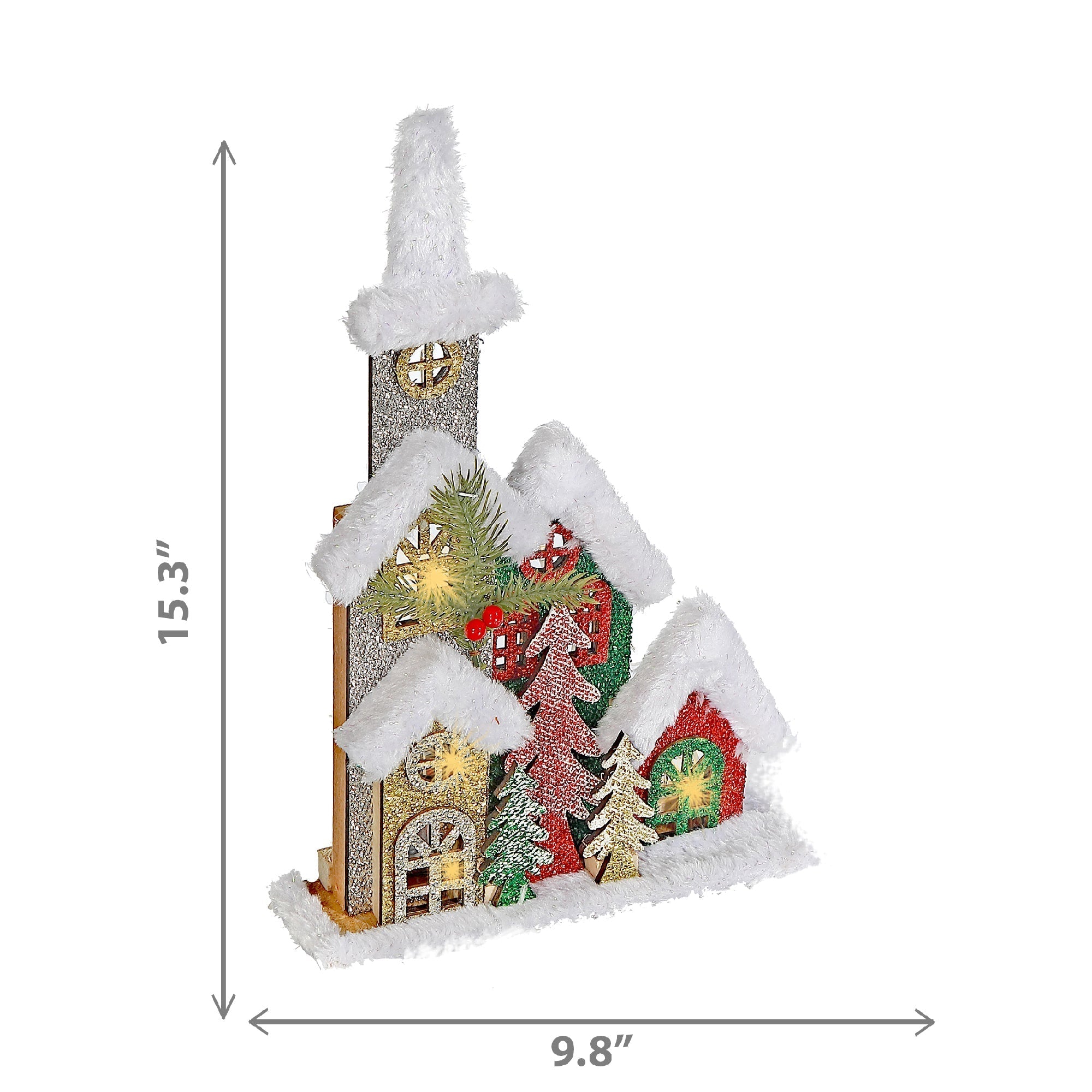 LED Snow Covered Wooden Glitter Church – Christmas Tabletop Decoration, Holiday Home Accent, Festive Winter Decor