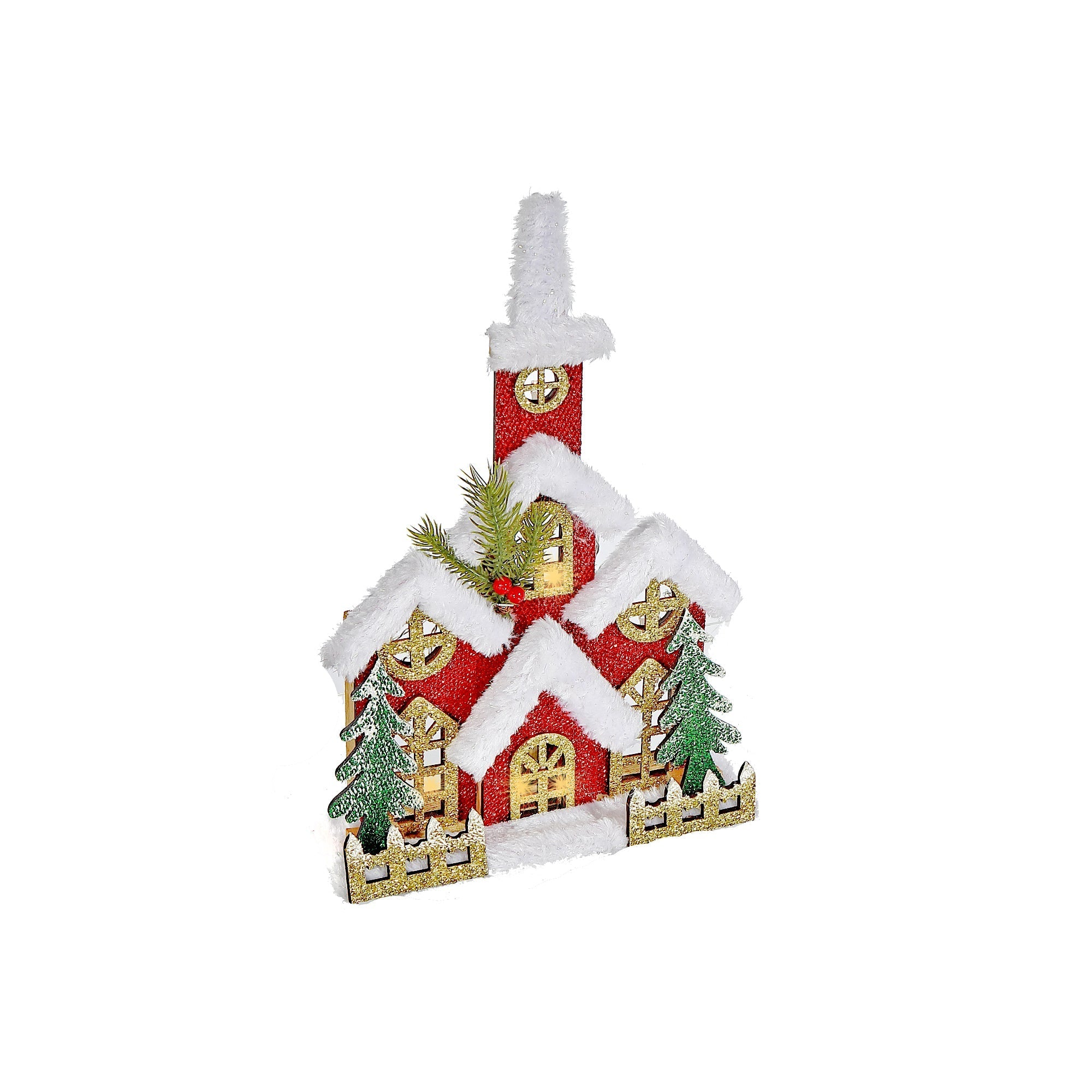LED Snow Covered Wooden Glitter Red Church – Christmas Tabletop Decoration, Holiday Home Accent, Festive Winter Decor
