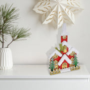 LED Snow Covered Wooden Glitter Red Church – Christmas Tabletop Decoration, Holiday Home Accent, Festive Winter Decor