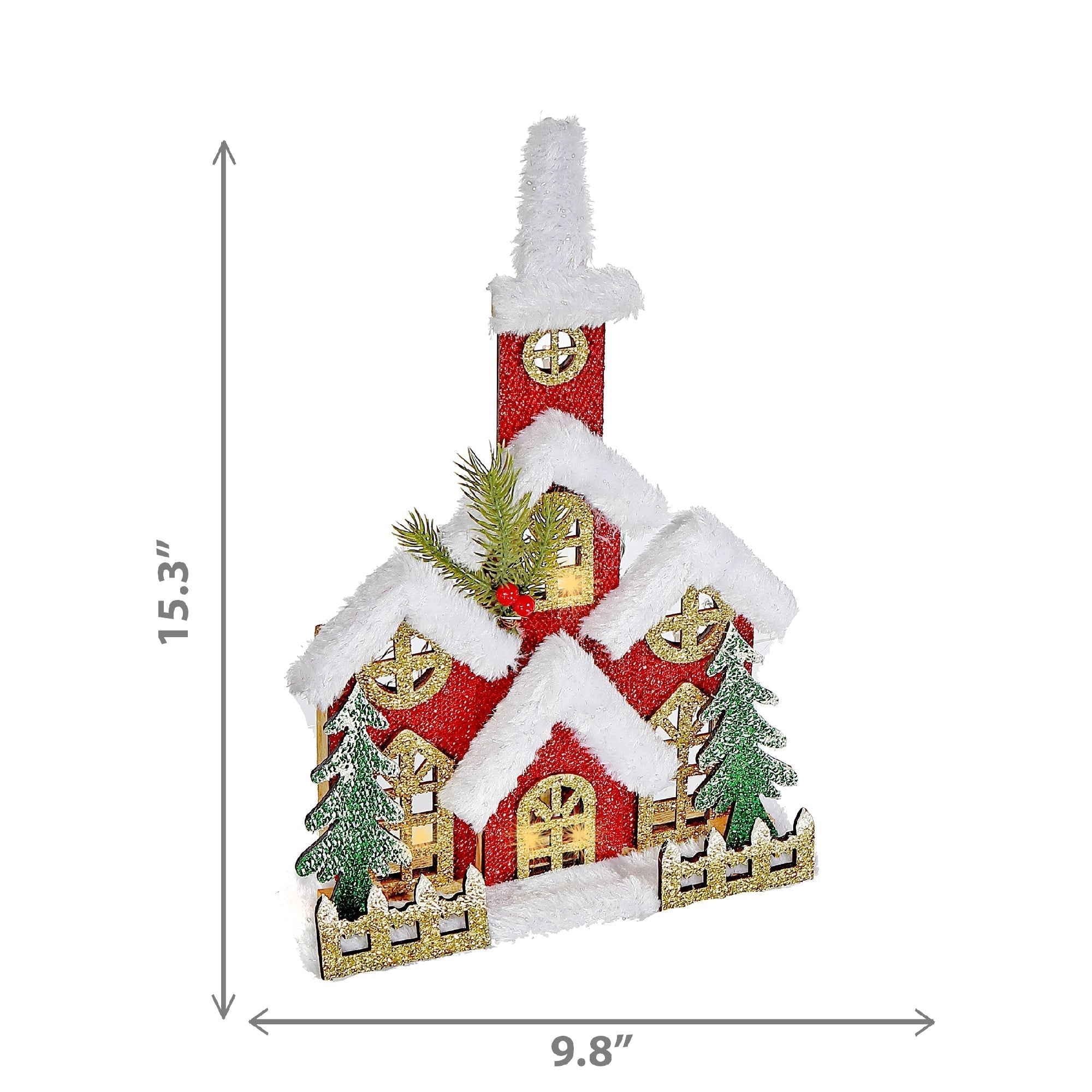 LED Snow Covered Wooden Glitter Red Church – Christmas Tabletop Decoration, Holiday Home Accent, Festive Winter Decor
