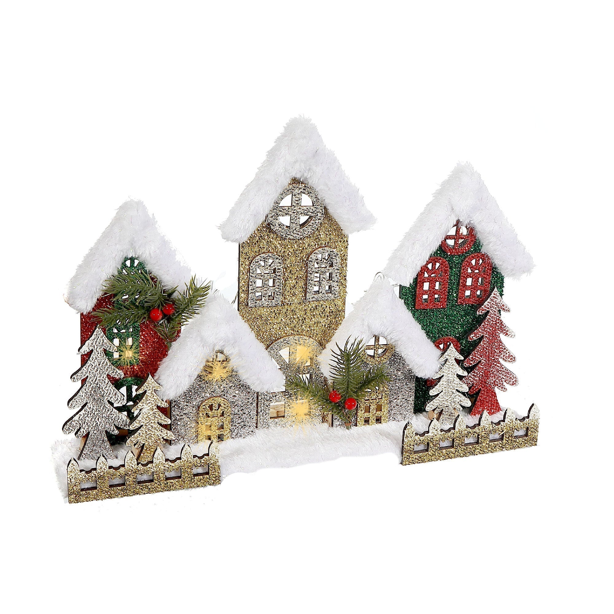 LED Snow Covered Wooden Glitter Village 15.3" – Christmas Tabletop Decoration, Holiday Home Accent, Festive Winter Decor