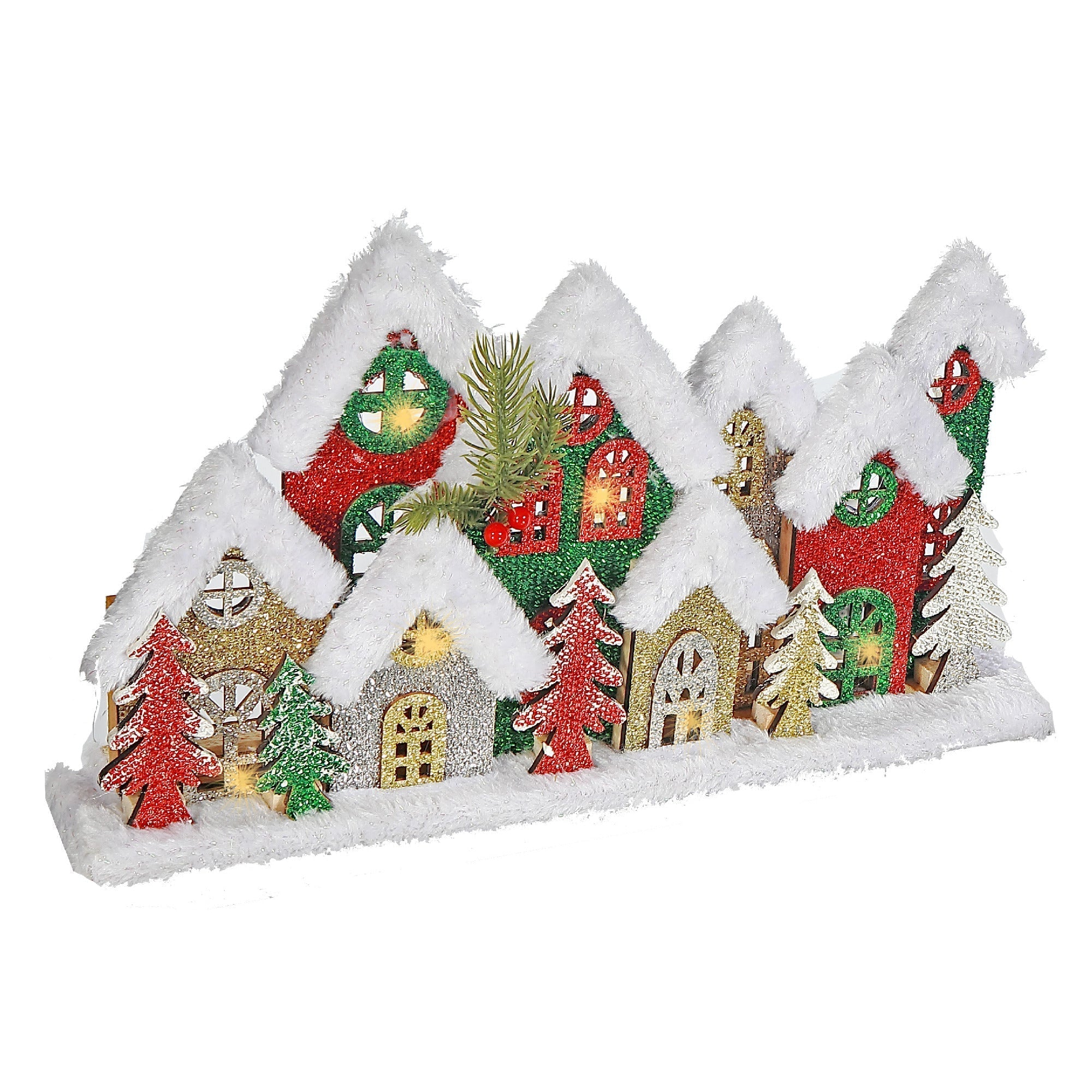 LED Snow Covered Wooden Glitter Village 17" – Christmas Tabletop Decoration, Holiday Home Accent, Festive Winter Decor
