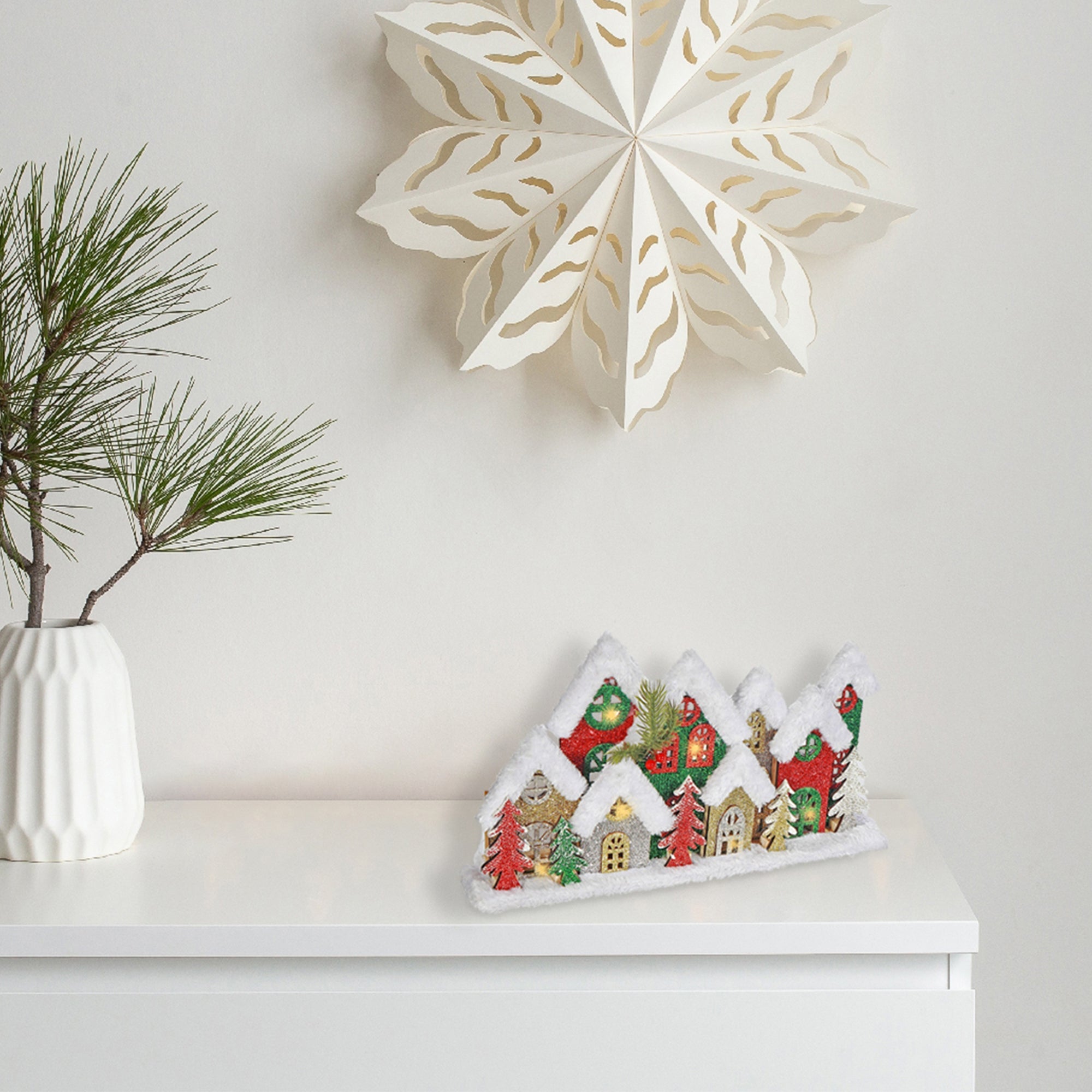 LED Snow Covered Wooden Glitter Village 17" – Christmas Tabletop Decoration, Holiday Home Accent, Festive Winter Decor