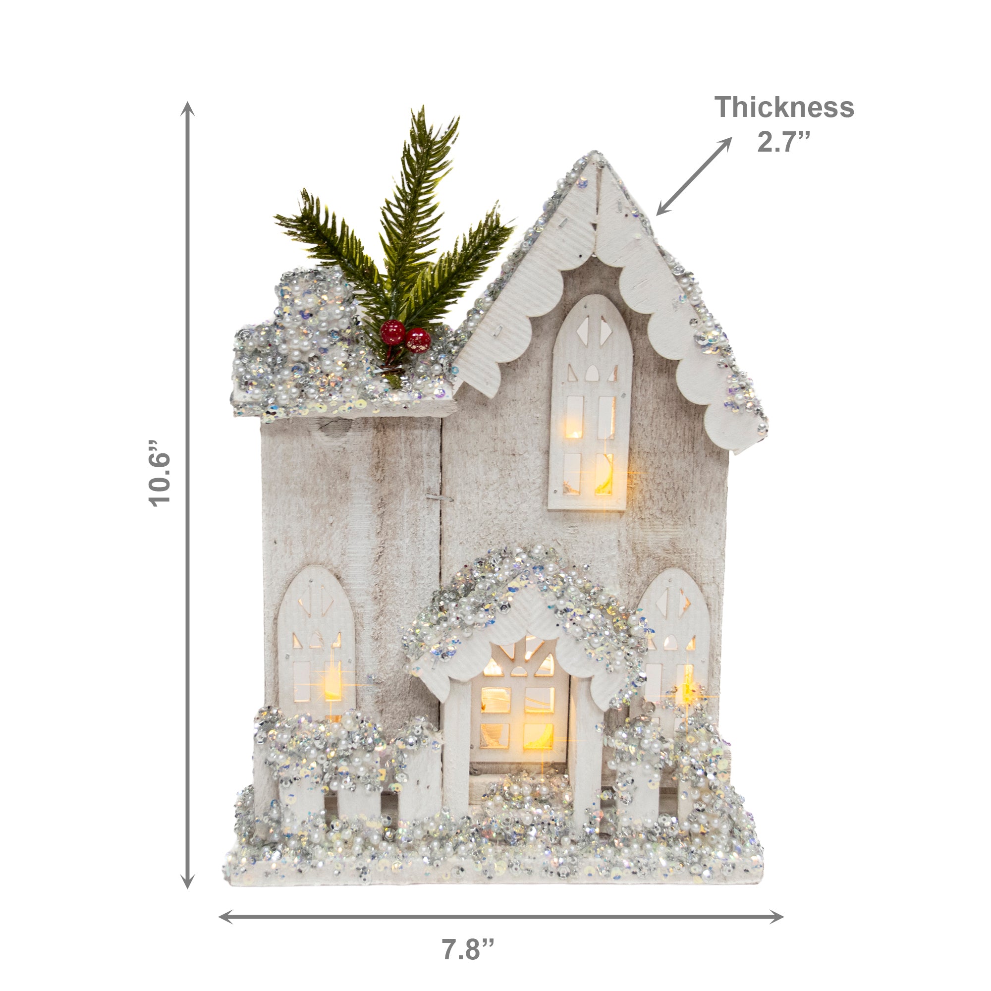 LED Snow Covered White Wooden House with Fence 10.6", Winter, Holiday Decor