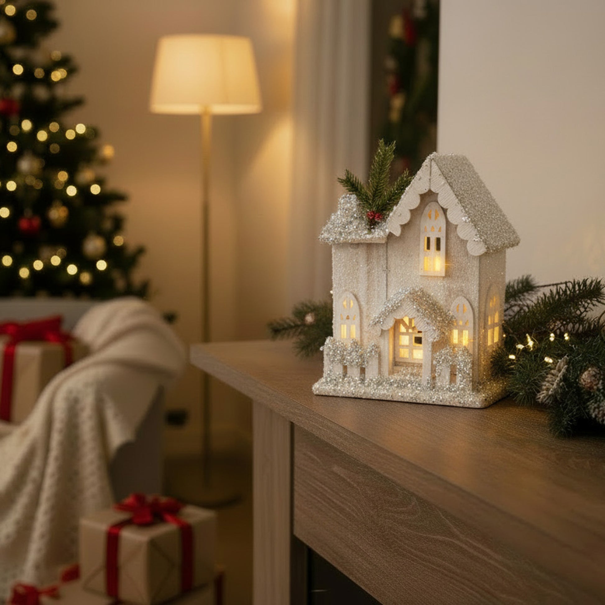 LED Snow Covered White Wooden House with Fence 10.6", Winter, Holiday Decor