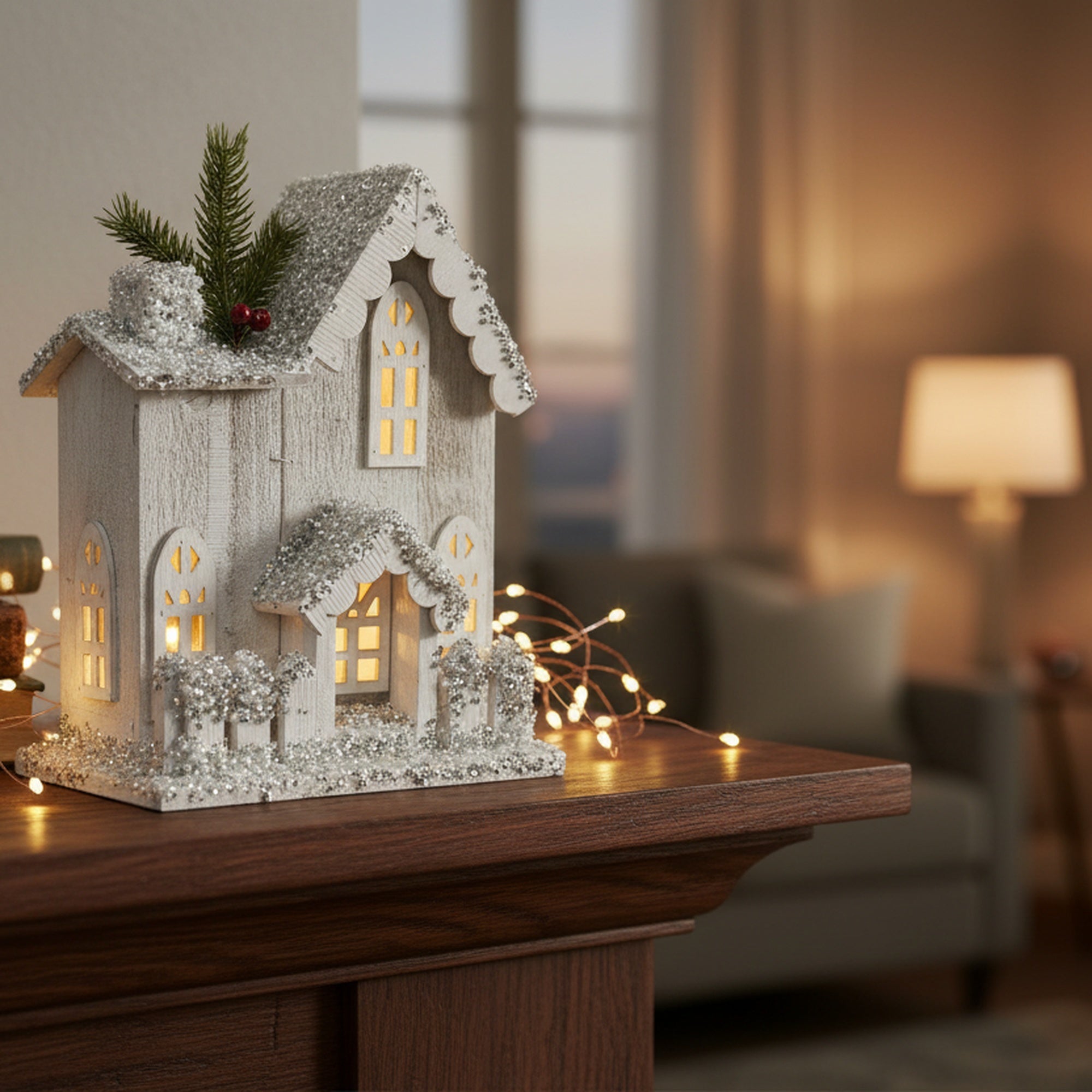 LED Snow Covered White Wooden House with Fence 10.6", Winter, Holiday Decor