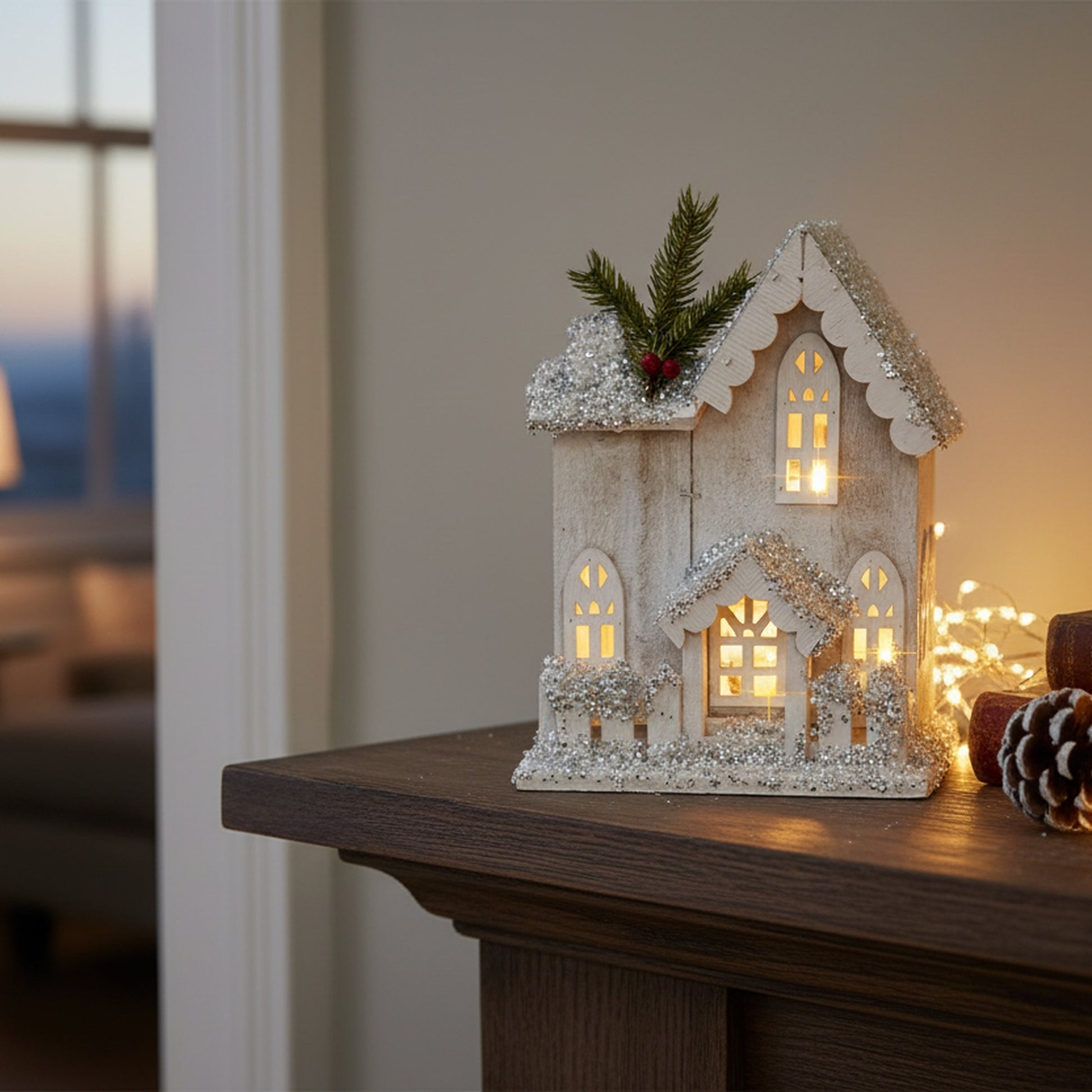 LED Snow Covered White Wooden House with Fence 10.6", Winter, Holiday Decor