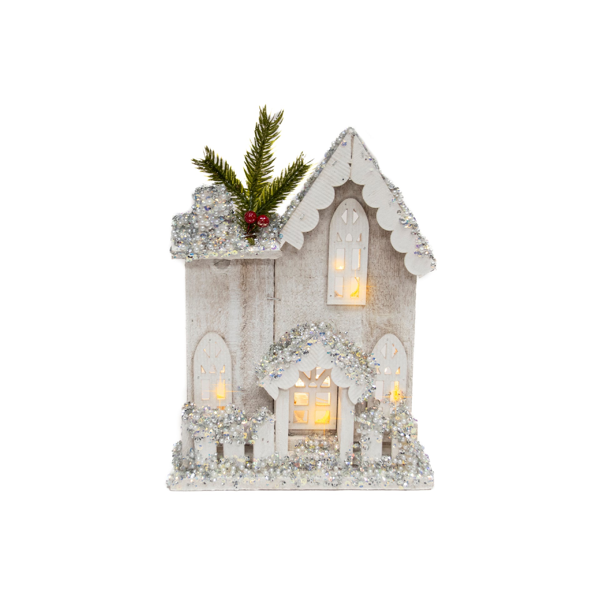 LED Snow Covered White Wooden House with Fence 10.6", Winter, Holiday Decor