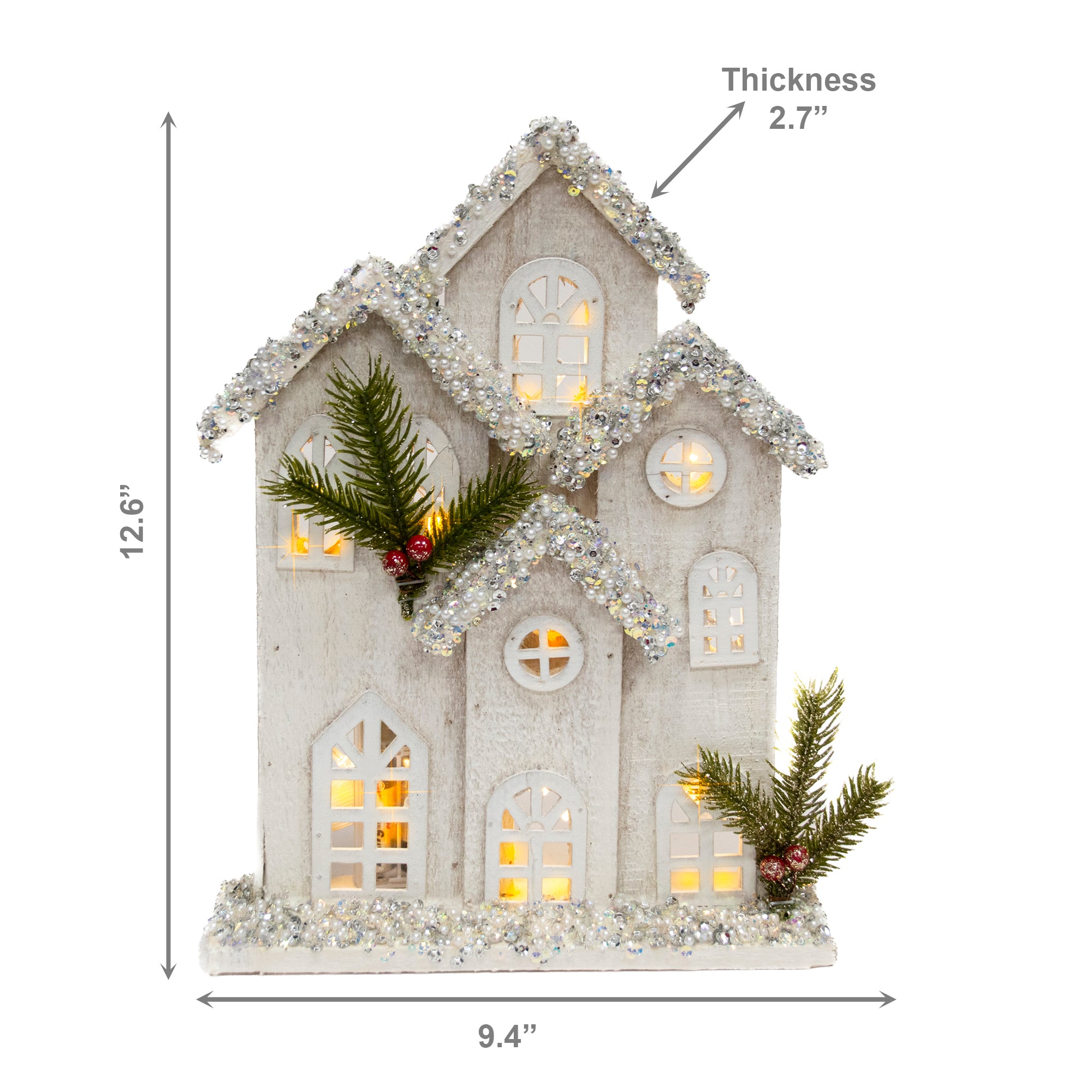 LED Snow Covered White Wooden Townhouse 12.6", Winter, Holiday Decor