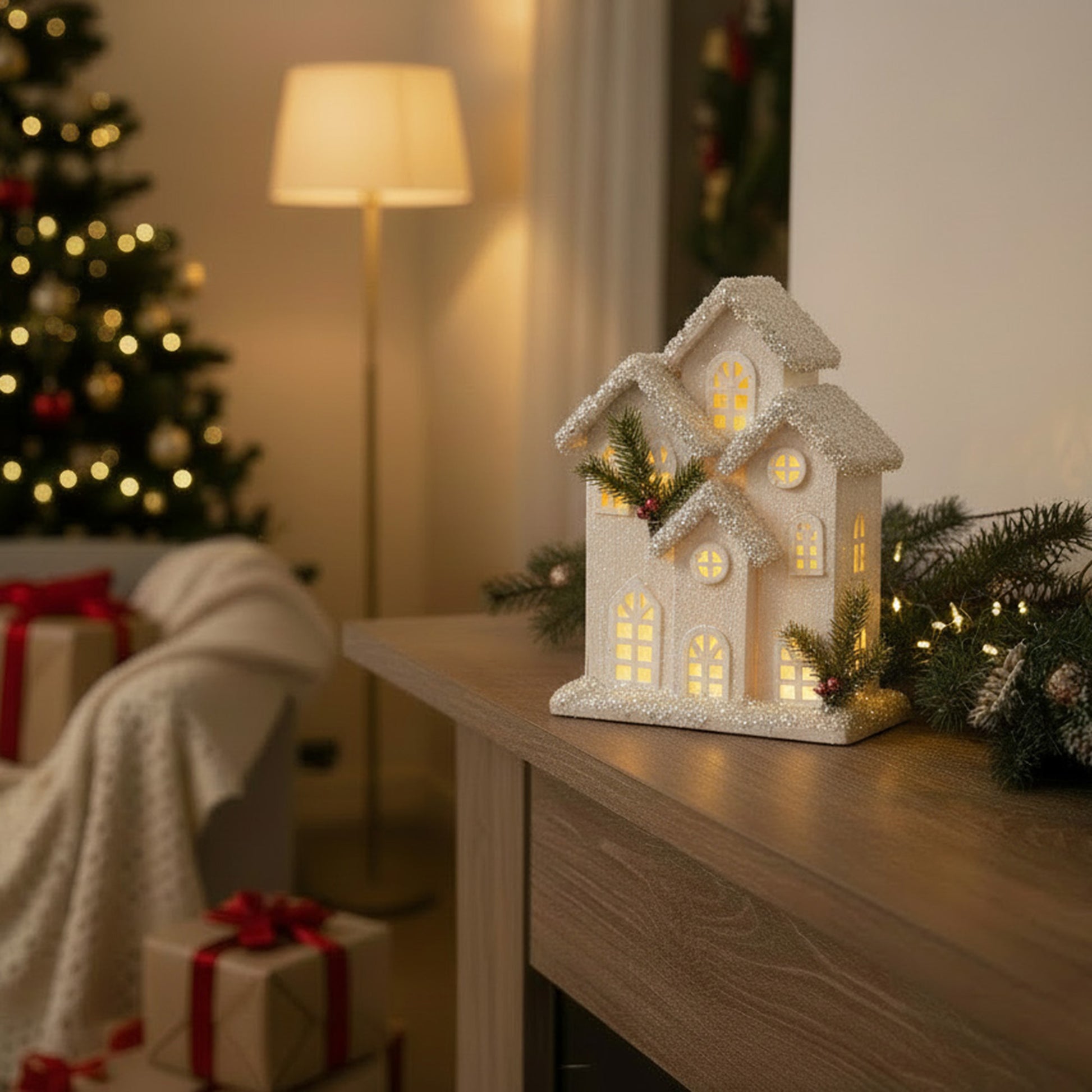 LED Snow Covered White Wooden Townhouse 12.6", Winter, Holiday Decor