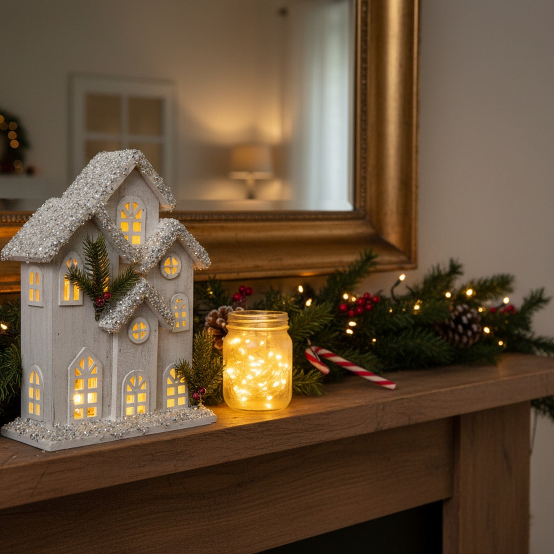 LED Snow Covered White Wooden Townhouse 12.6", Winter, Holiday Decor
