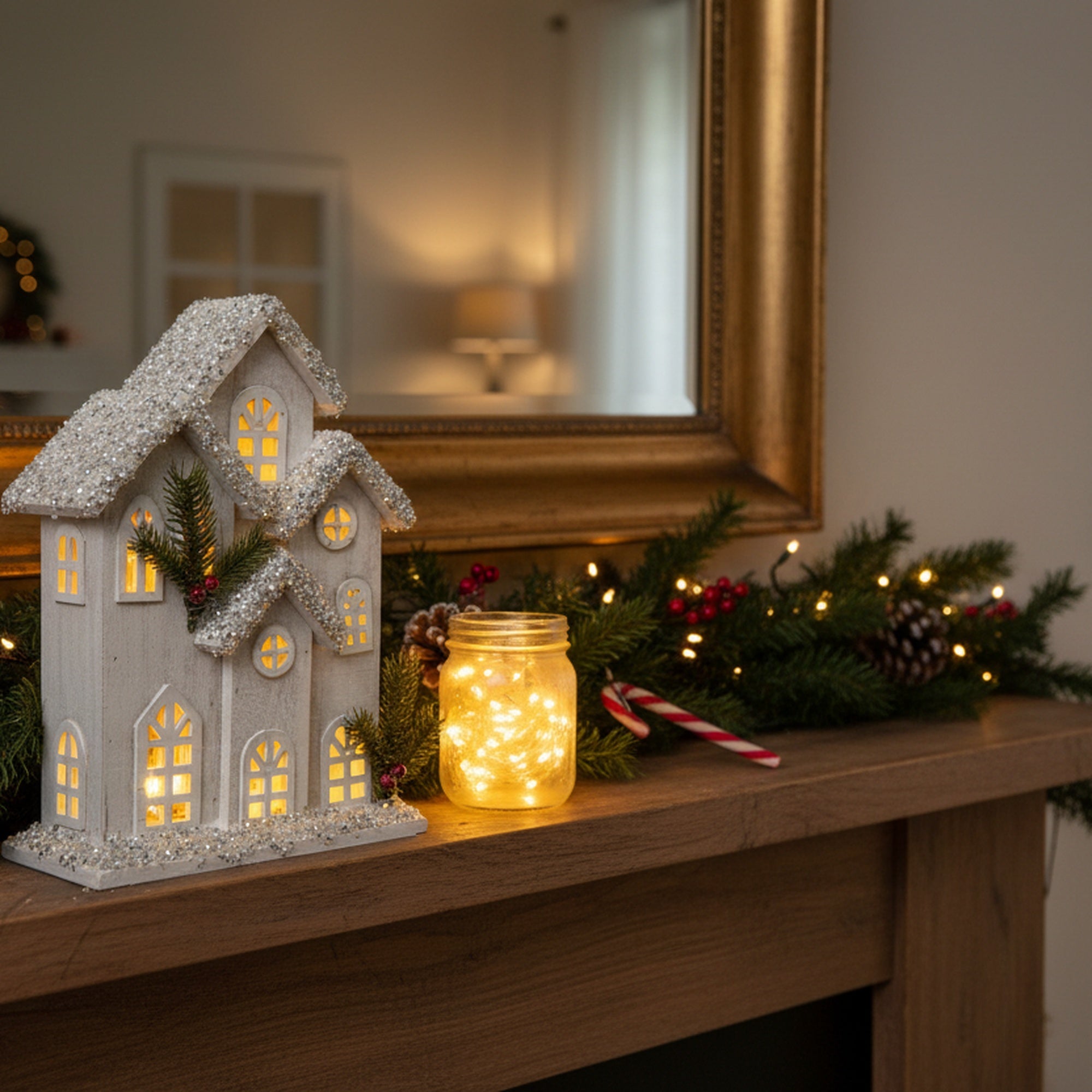 LED Snow Covered White Wooden Townhouse 12.6", Winter, Holiday Decor