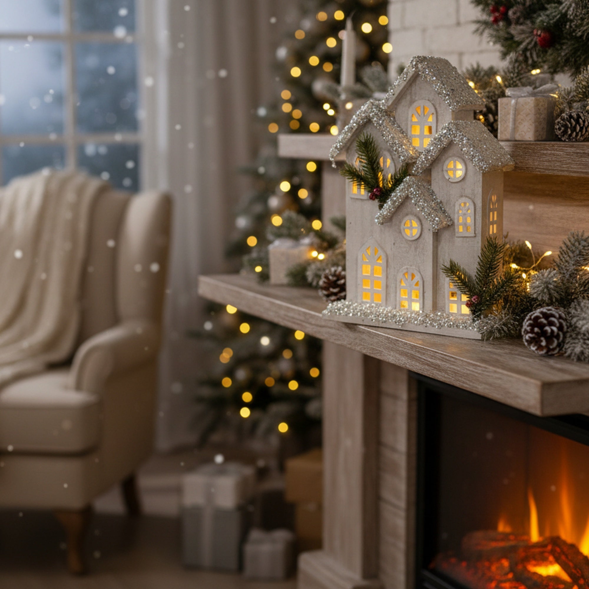 LED Snow Covered White Wooden Townhouse 12.6", Winter, Holiday Decor