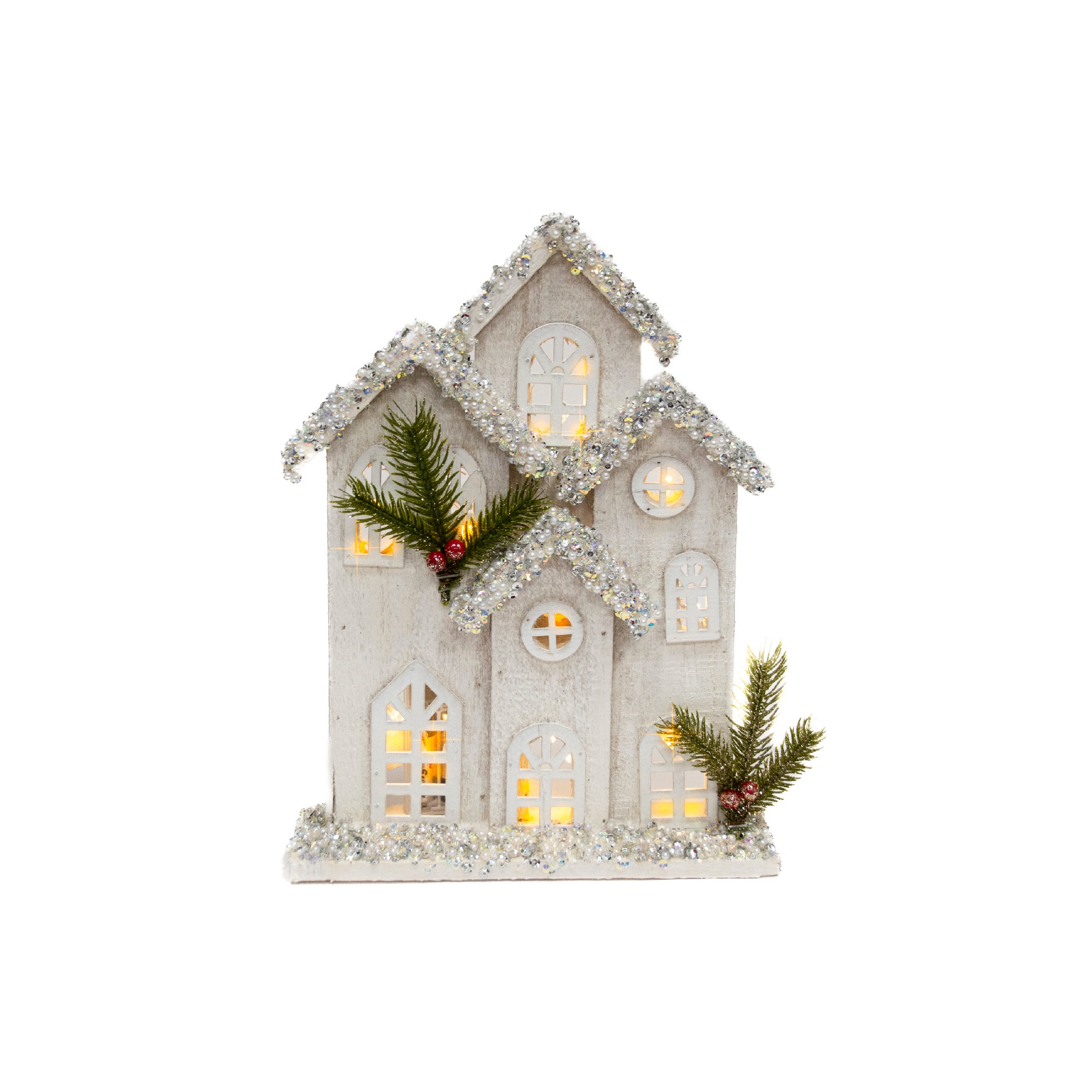 LED Snow Covered White Wooden Townhouse 12.6", Winter, Holiday Decor