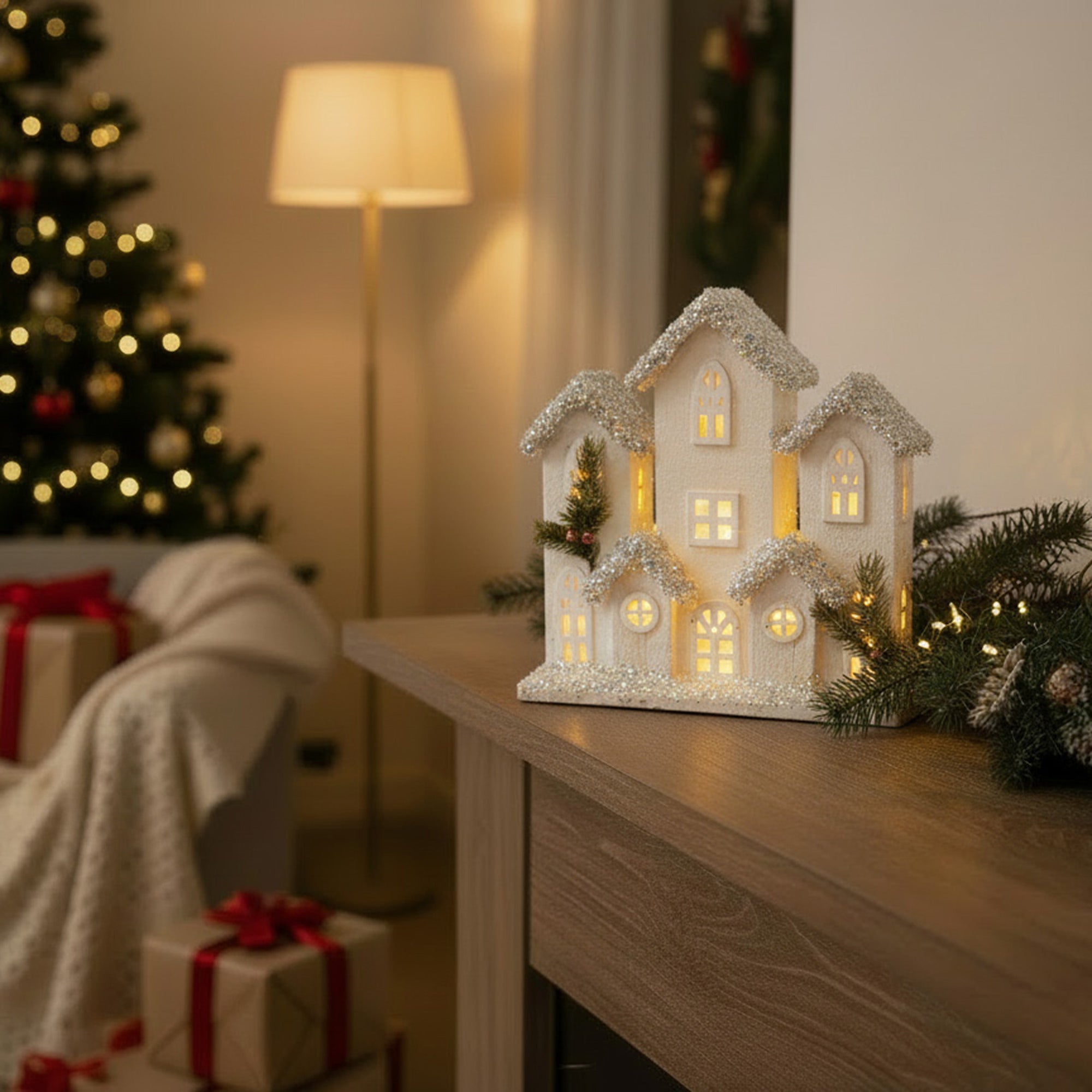 LED Snow Covered White Wooden Townhouse 11.4", Winter, Holiday Decor