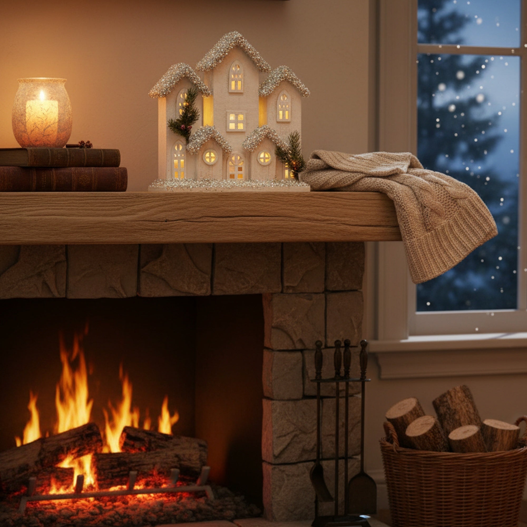 LED Snow Covered White Wooden Townhouse 11.4", Winter, Holiday Decor