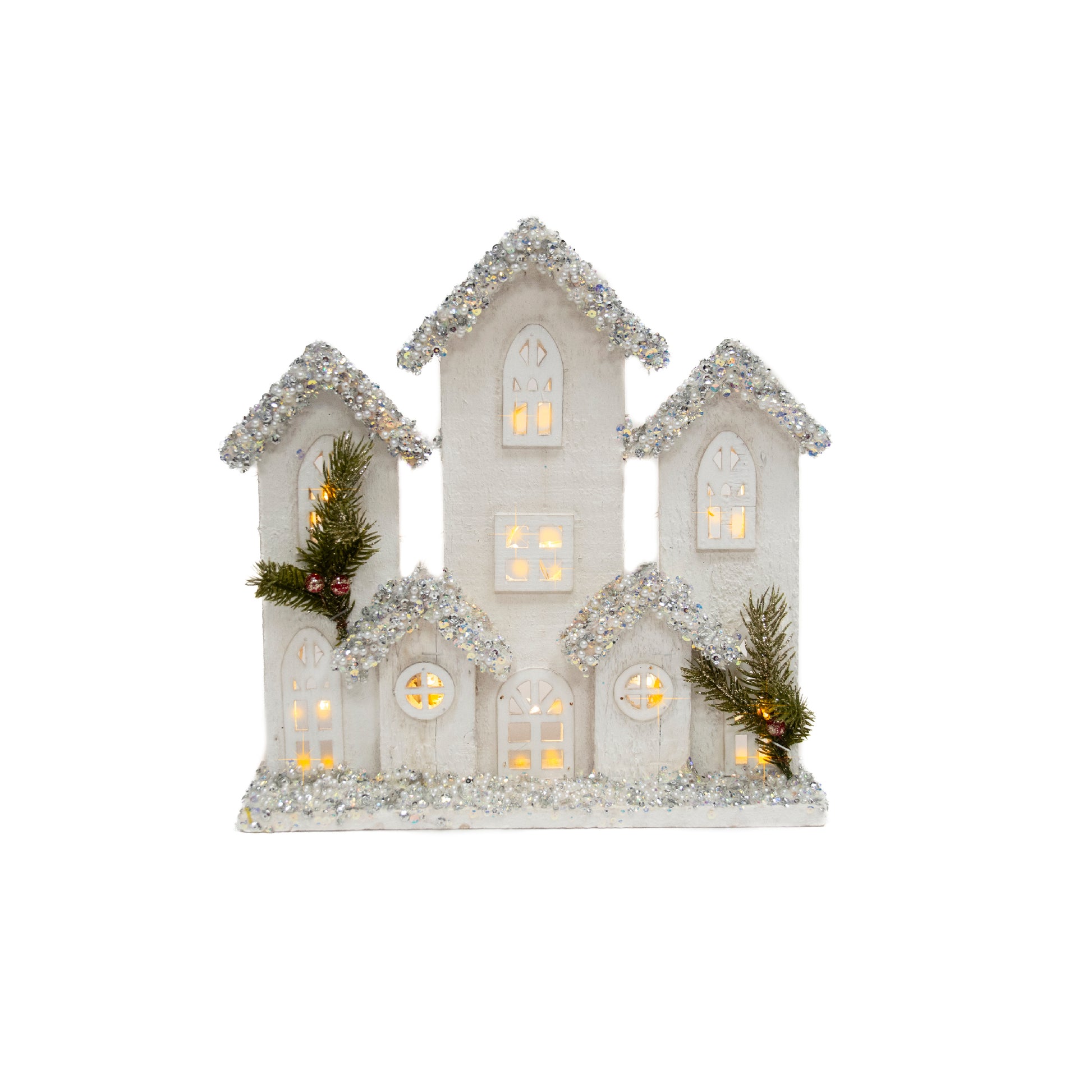 LED Snow Covered White Wooden Townhouse 11.4", Winter, Holiday Decor