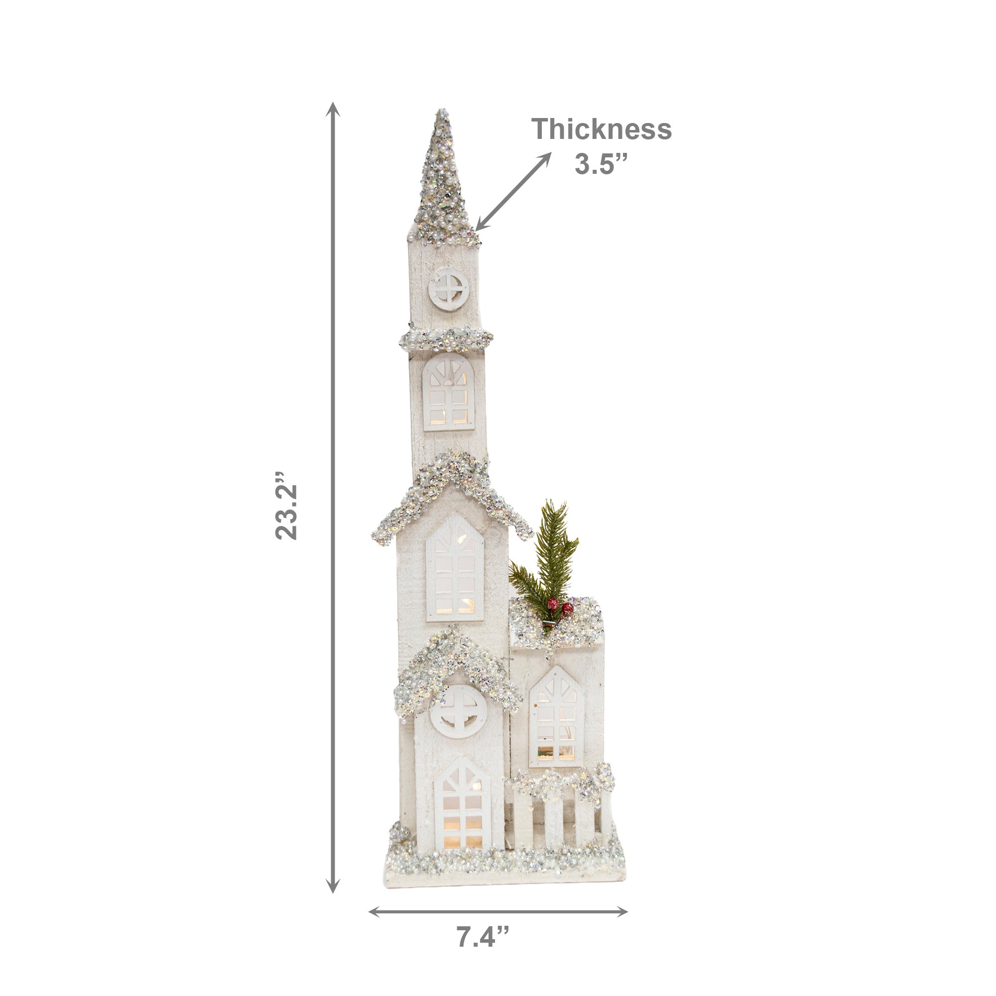 LED Snow Covered White Wooden Church with Fence 23.2", Winter, Holiday Decor