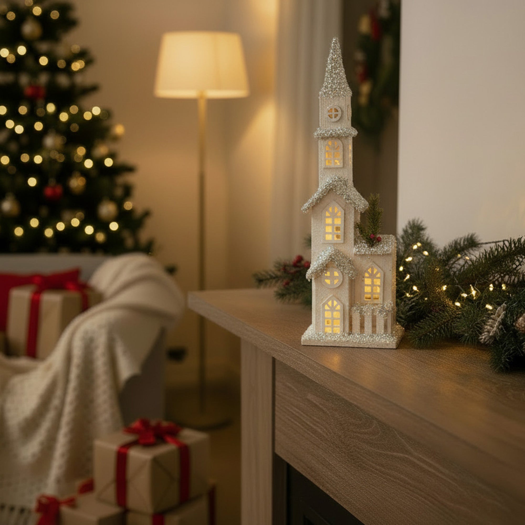 LED Snow Covered White Wooden Church with Fence 23.2", Winter, Holiday Decor