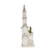 LED Snow Covered White Wooden Church with Fence 23.2", Winter, Holiday Decor