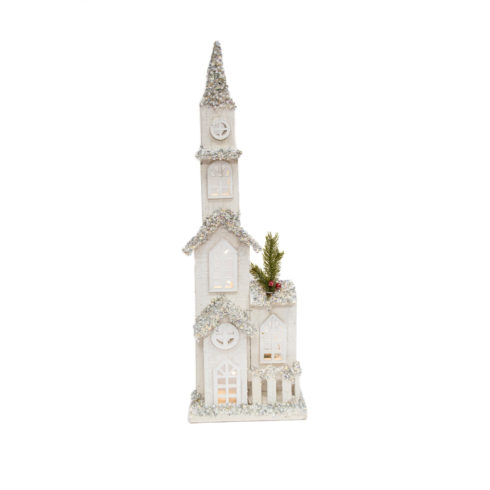 LED Snow Covered White Wooden Church with Fence 23.2", Winter, Holiday Decor