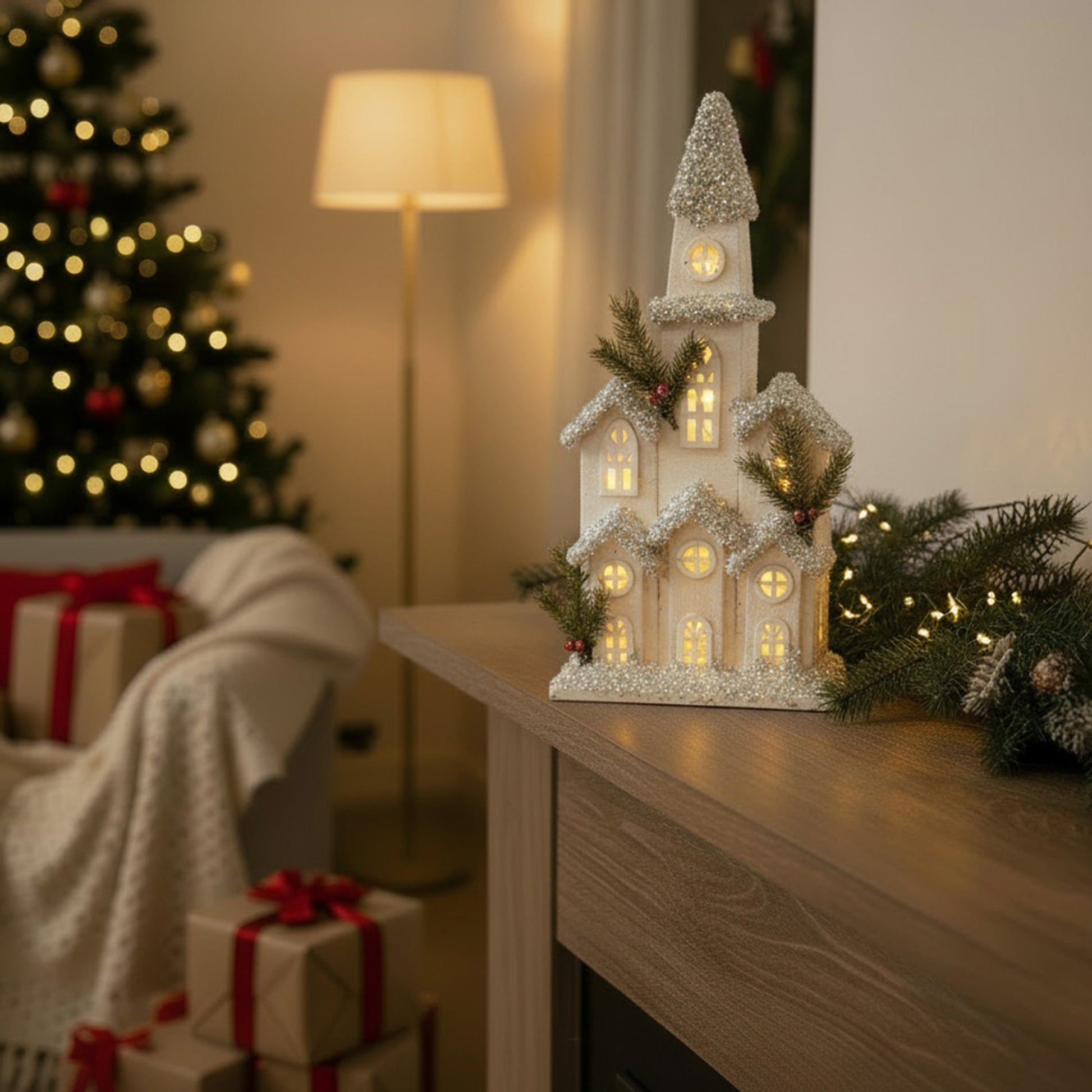 LED Snow Covered White Wooden Church 16.9", Winter, Holiday Decor