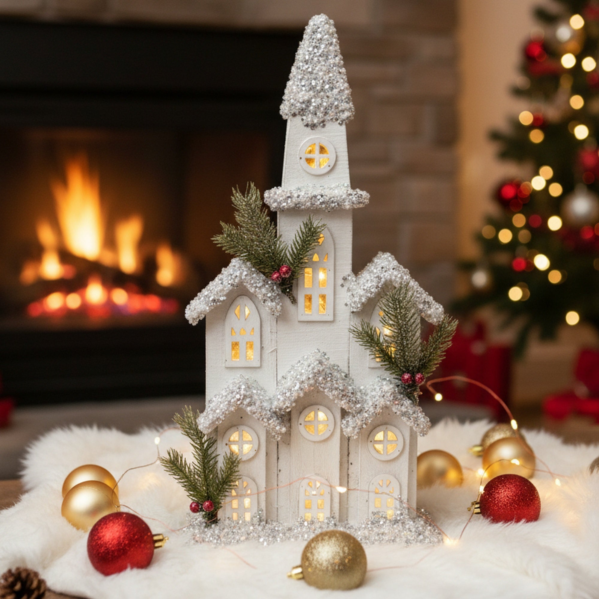 LED Snow Covered White Wooden Church 16.9", Winter, Holiday Decor
