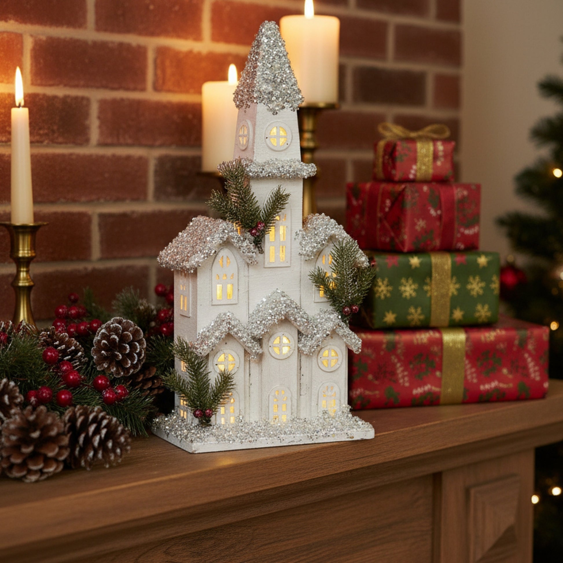 LED Snow Covered White Wooden Church 16.9", Winter, Holiday Decor
