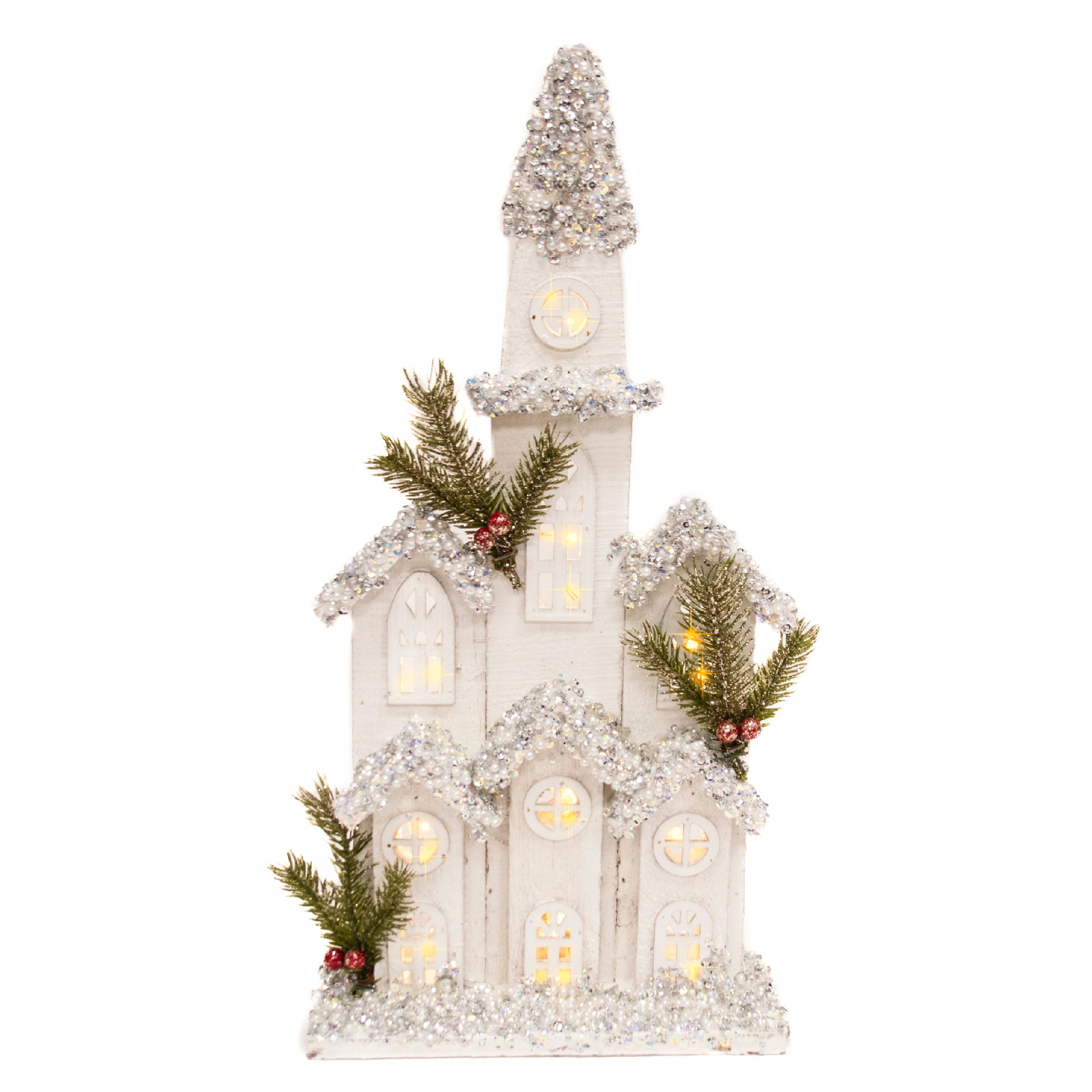 LED Snow Covered White Wooden Church 16.9", Winter, Holiday Decor