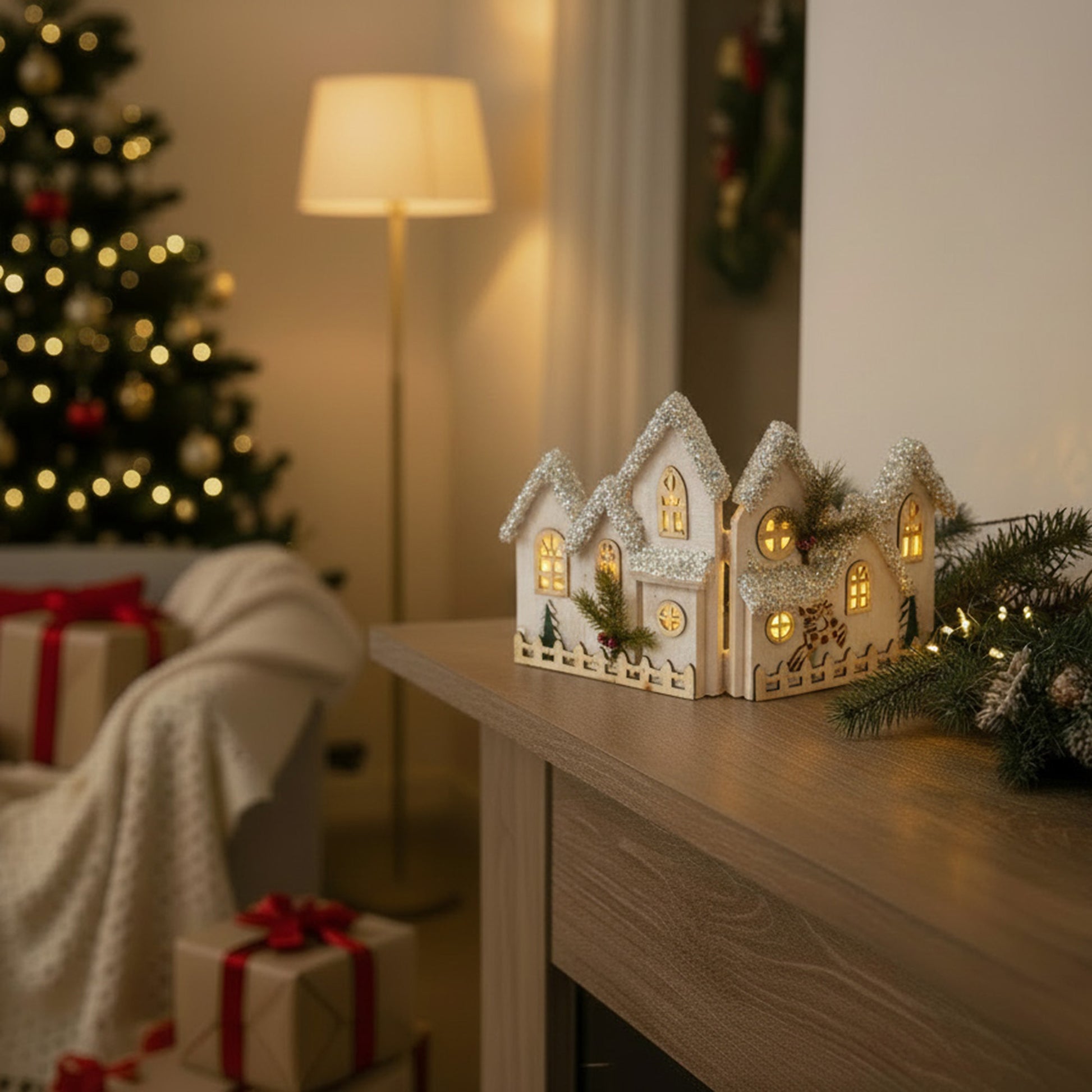 LED Snow Covered Foldable White Wooden Village 10.2"h, Winter, Village Decor, Holiday Decor