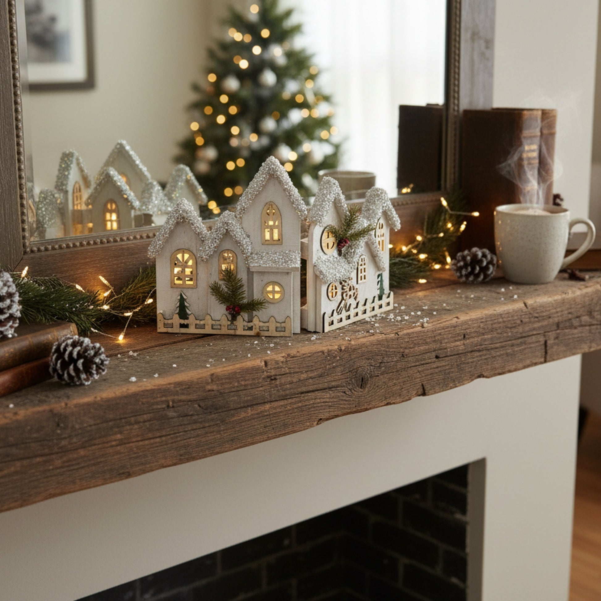 LED Snow Covered Foldable White Wooden Village 10.2"h, Winter, Village Decor, Holiday Decor
