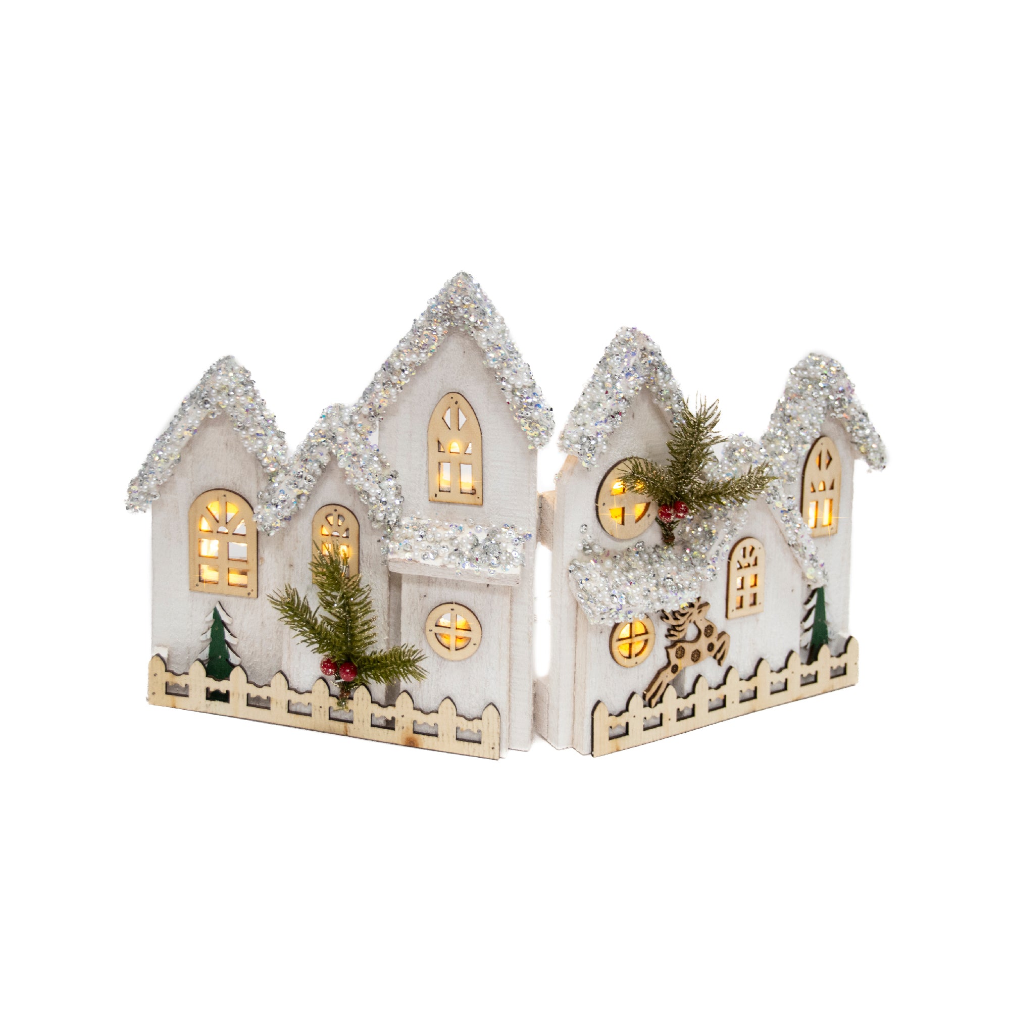 LED Snow Covered Foldable White Wooden Village 10.2"h, Winter, Village Decor, Holiday Decor